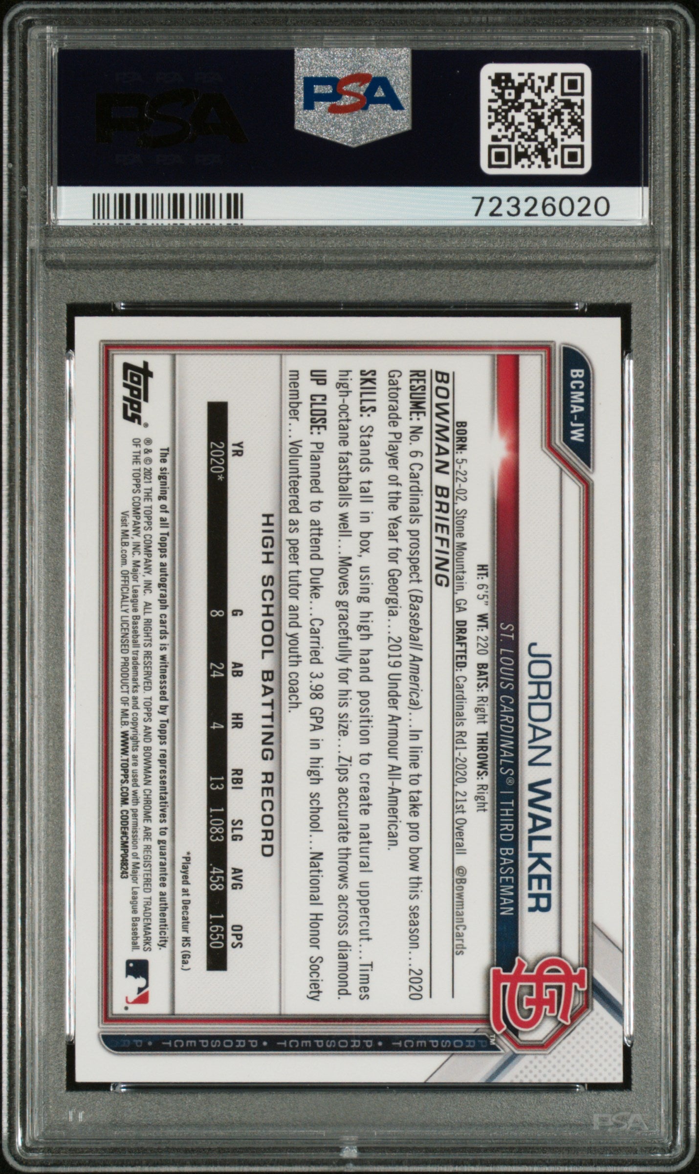 2021 Bowman Chrome Mega Box Autographs Jordan Walker #JW PSA 9