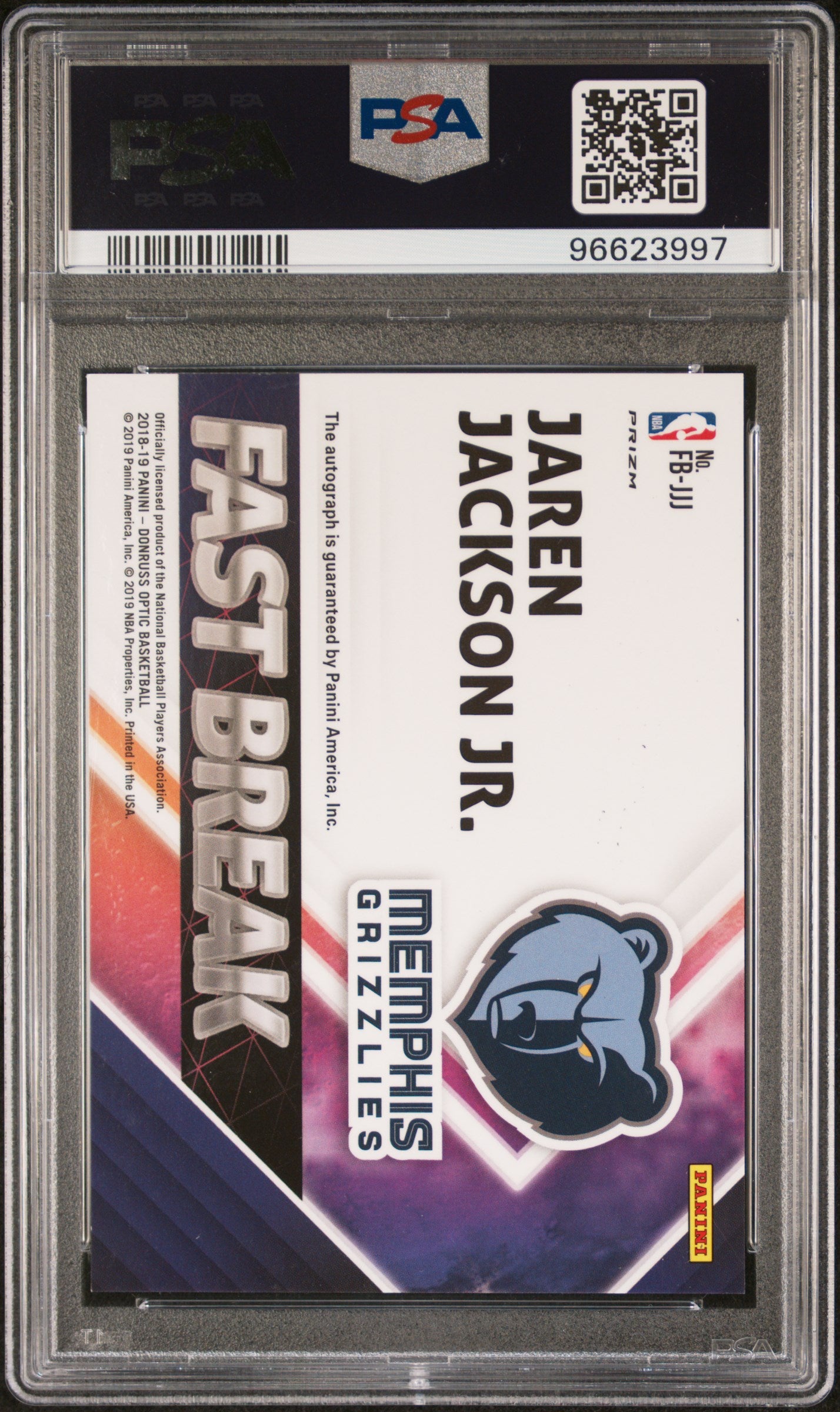 2018 Panini Donruss Optic Fast Break Signatures Jaren Jackson JR. #JJJ PSA 9