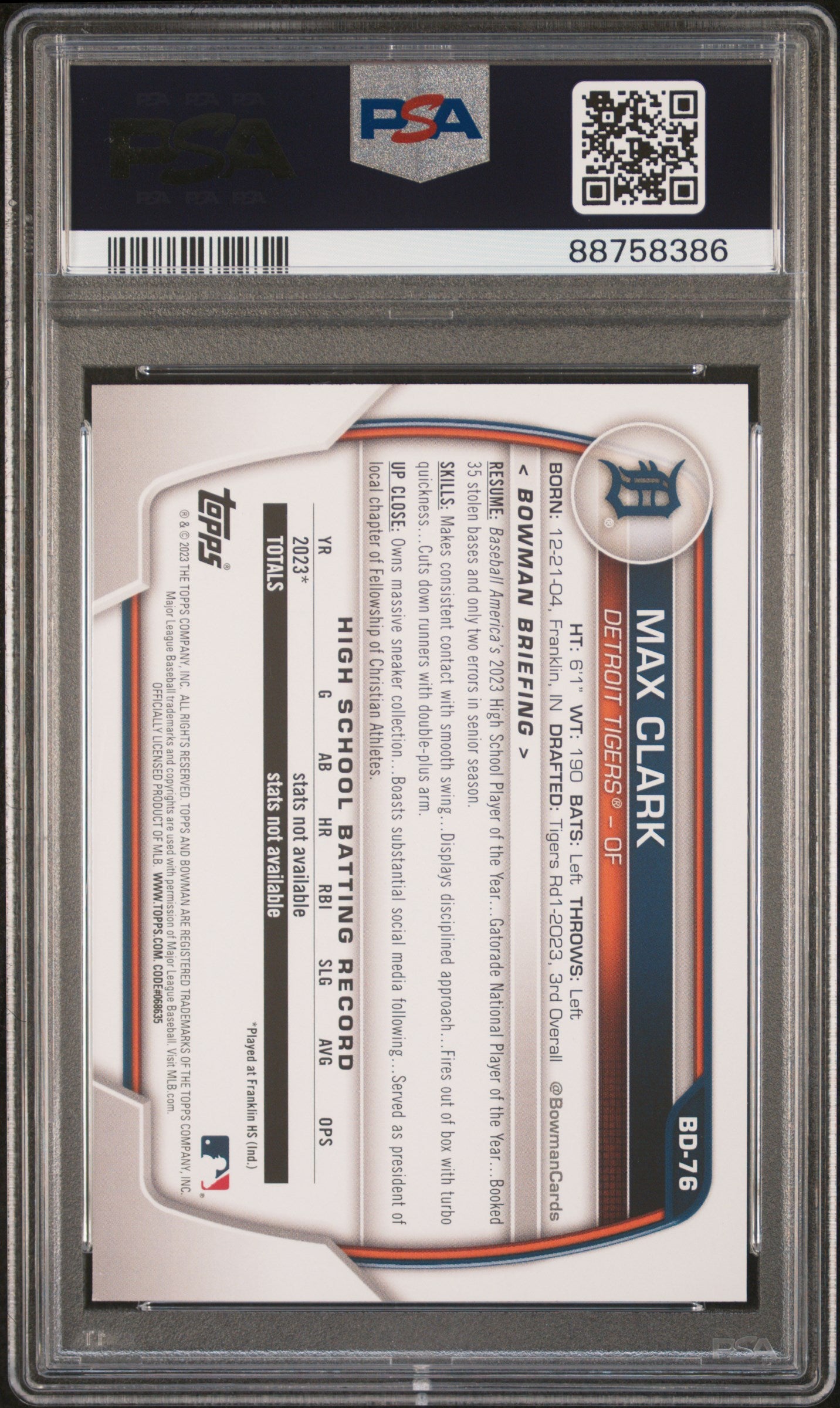 2023 Bowman Draft Max Clark #BD76 Sky Blue 142/499 PSA 10