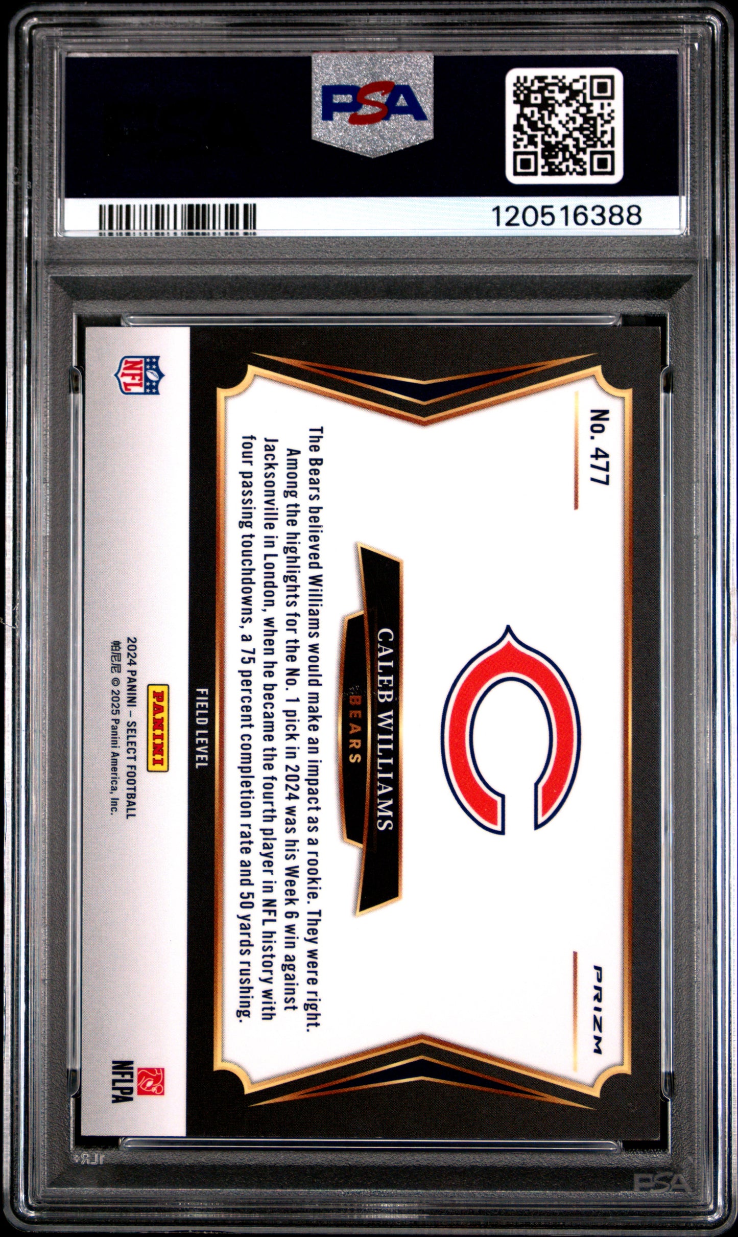2024 Panini Select Caleb Williams #477 Zebra Prizm PSA 10