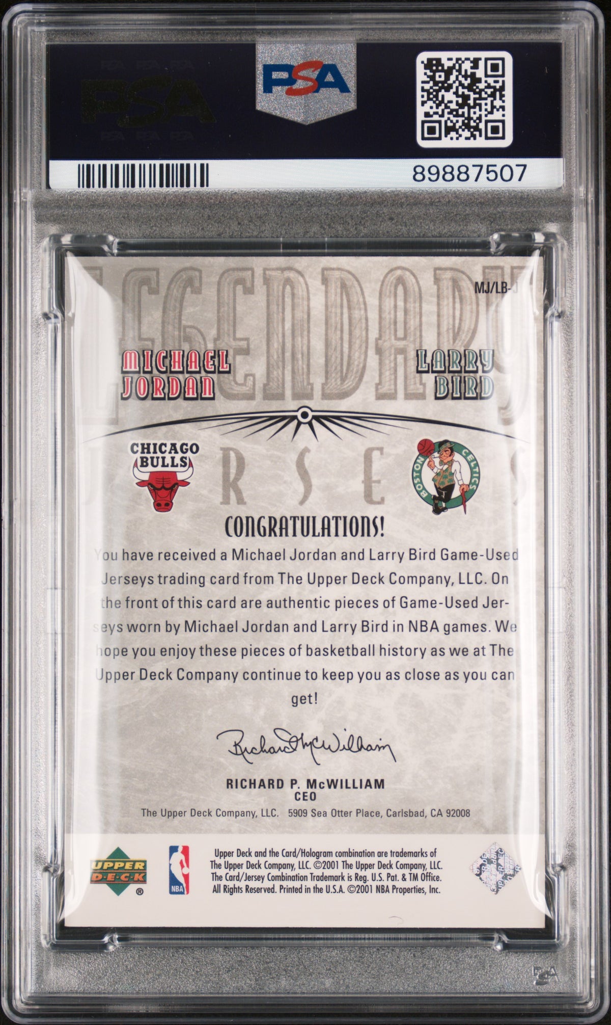 2000 Upper Deck Legends Legendary Jerseys L. Bird M. Jordan #MJ/LB-J PSA 7