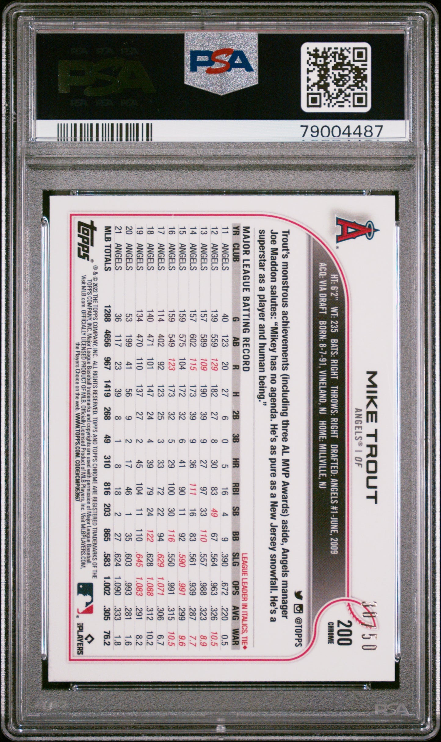 2022 Topps Chrome Mike Trout #200 Gold Wave Refractor PSA 9