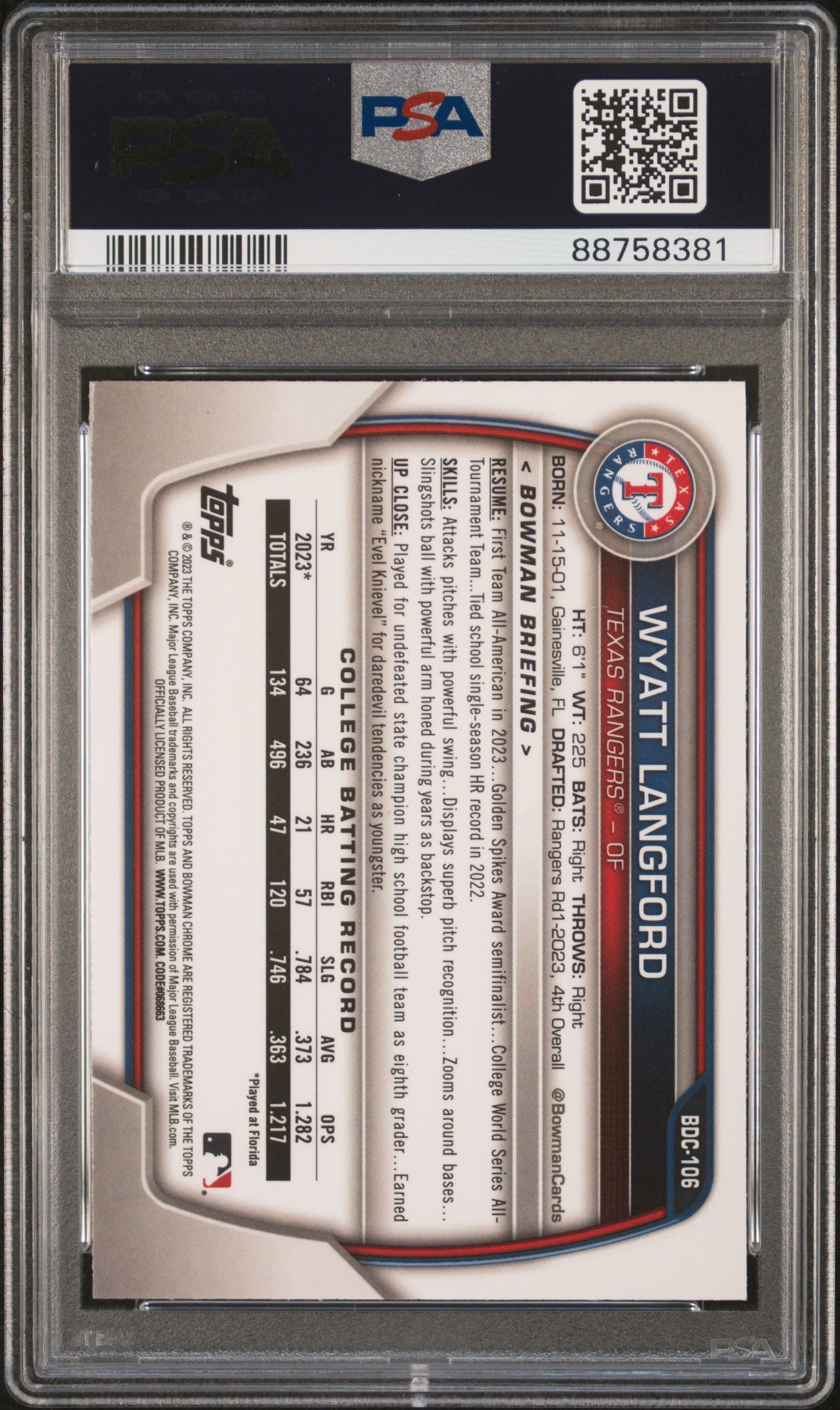 2023 Bowman Draft Wyatt Langford #BDC106 Chrome Sparkle Refractor PSA 10
