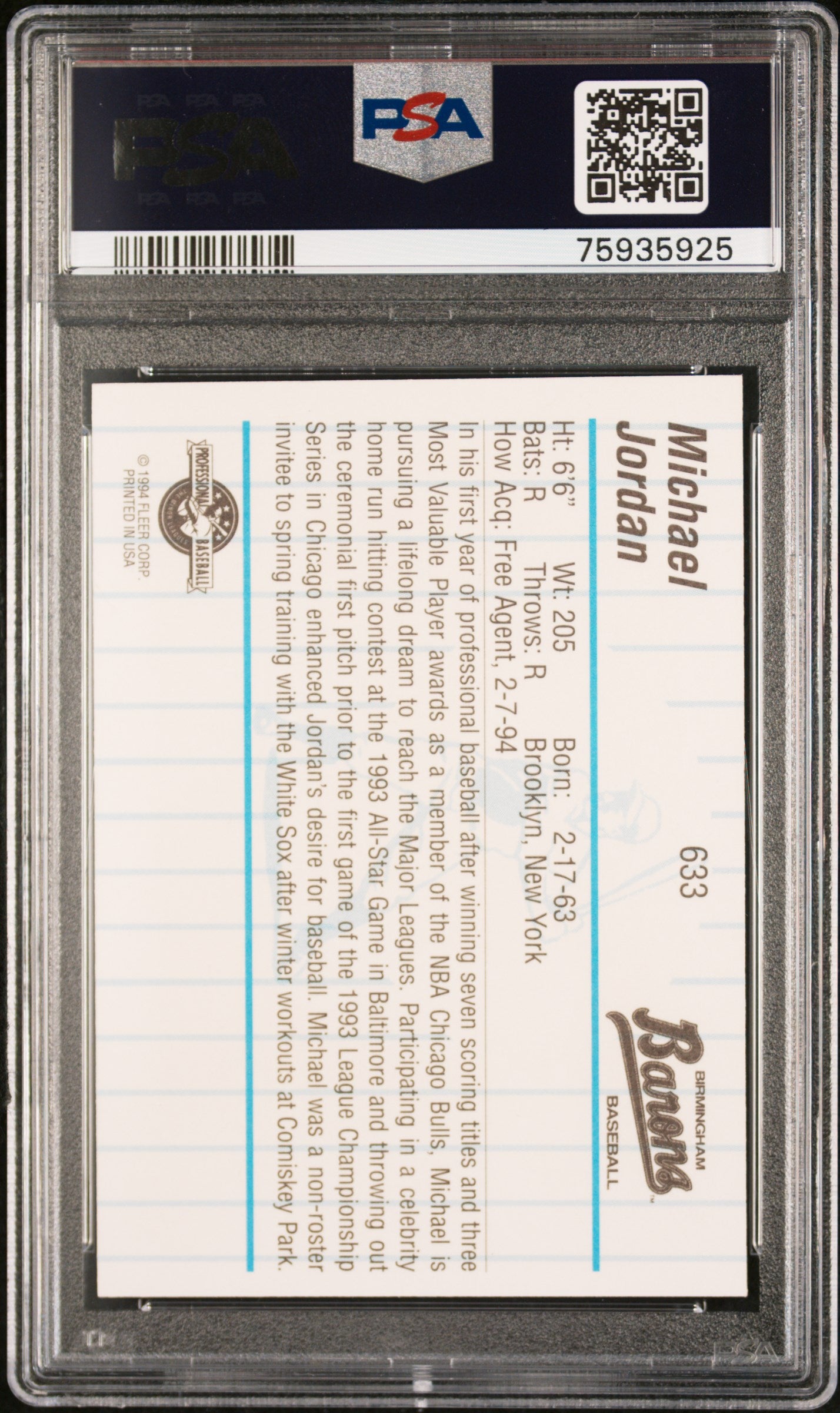 1994 Fleer Procards Michael Jordan #633 Birmingham Barons PSA 8