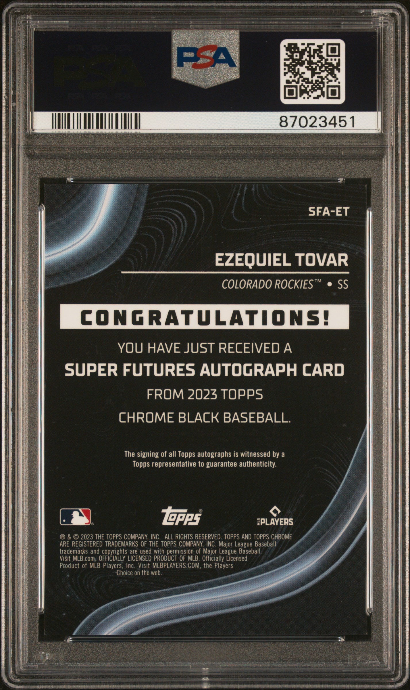 2023 Topps Chrome Black Super Futures Autographs Ezequiel Tovar #ET 51/99 PSA 10
