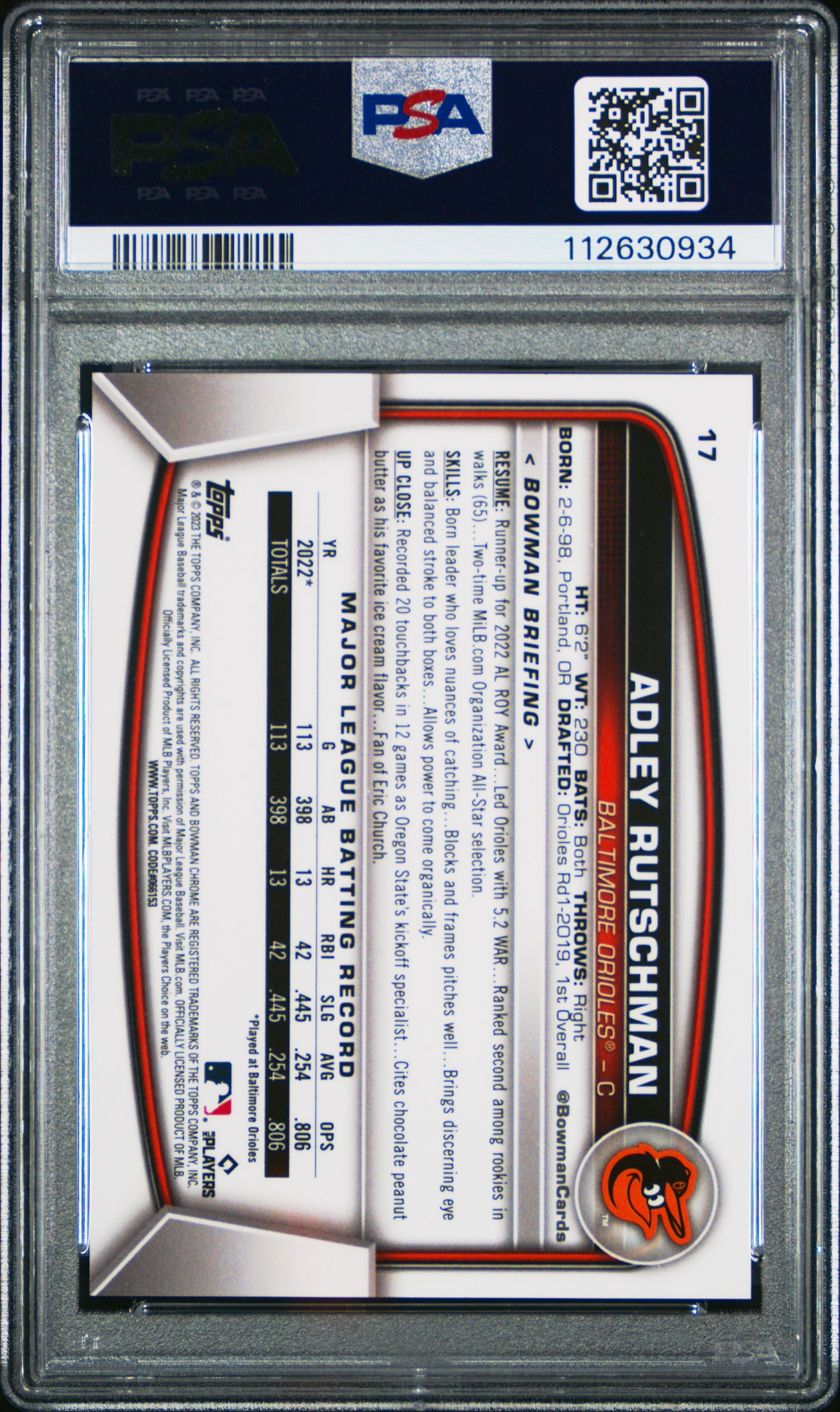 2023 Bowman Chrome Sapphire Edition Adley Rutschman #17 SP Orange 34/75 PSA 10