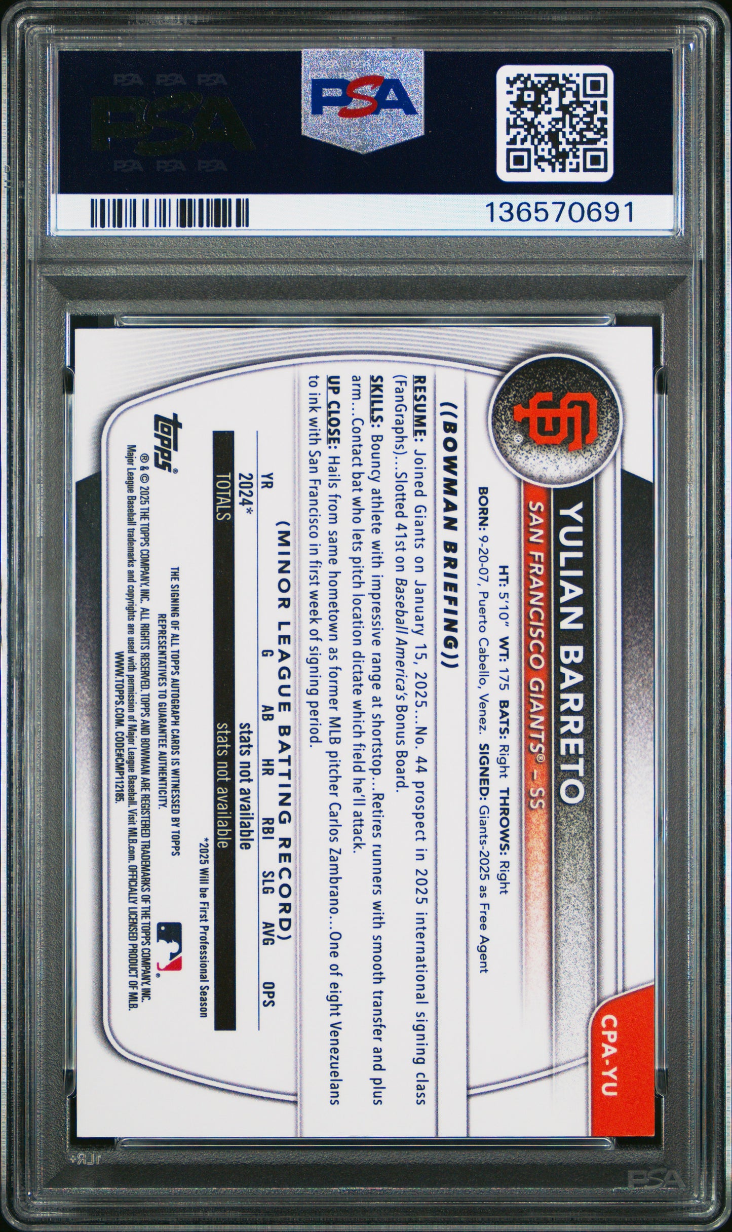 2025 Bowman Chrome Prospect Autographs Yulian Barreto Auto Green Lava /99 PSA 8