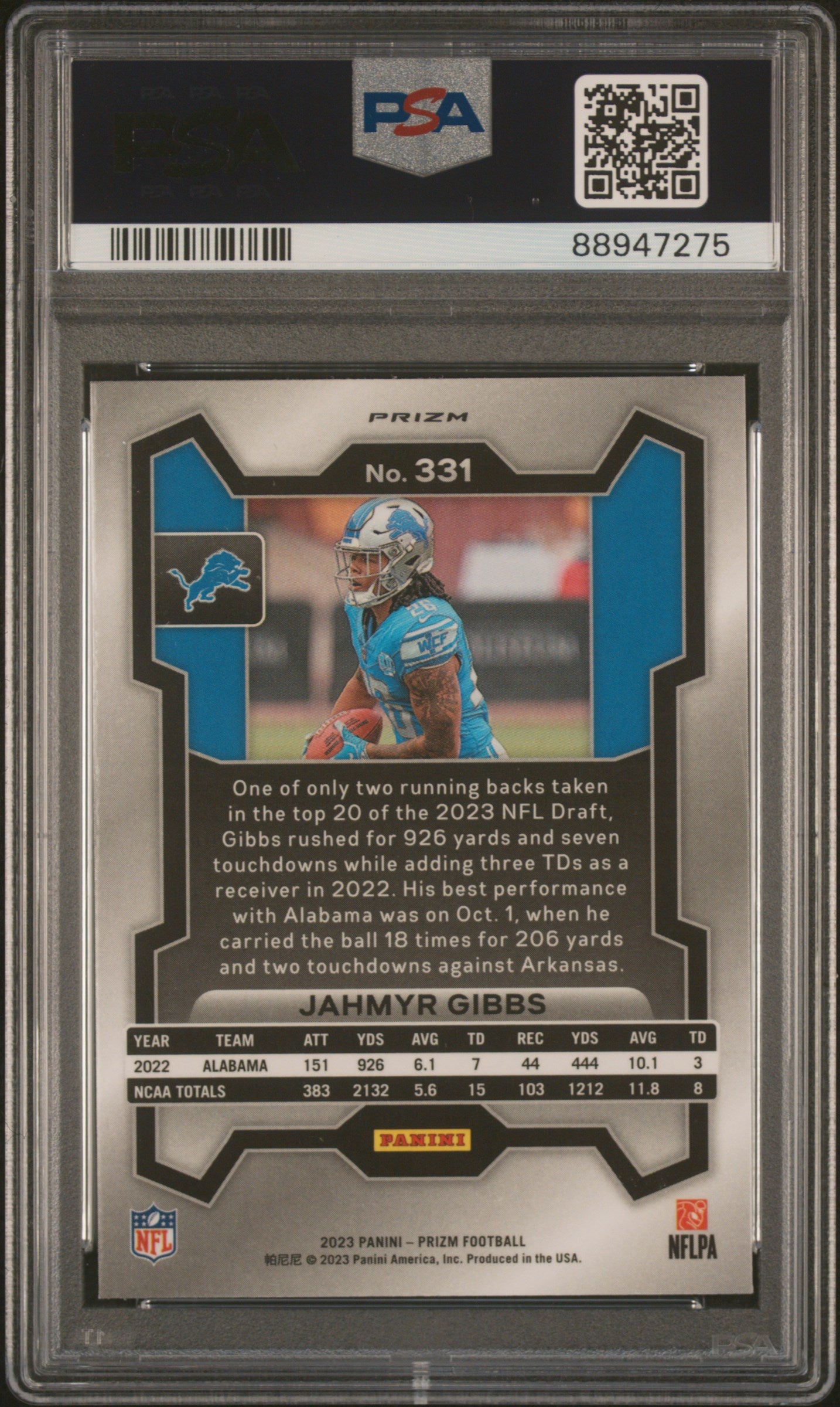 2023 Panini Prizm Jahmyr Gibbs #331 Neon Green Pulsar PSA 10