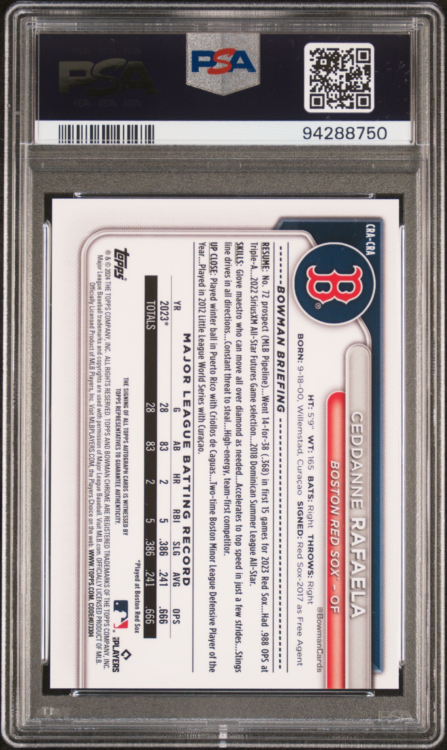 2024 Bowman Chrome Rookie Autographs Ceddanne Rafaela #CRACRA Red Ref 4/5 PSA 9