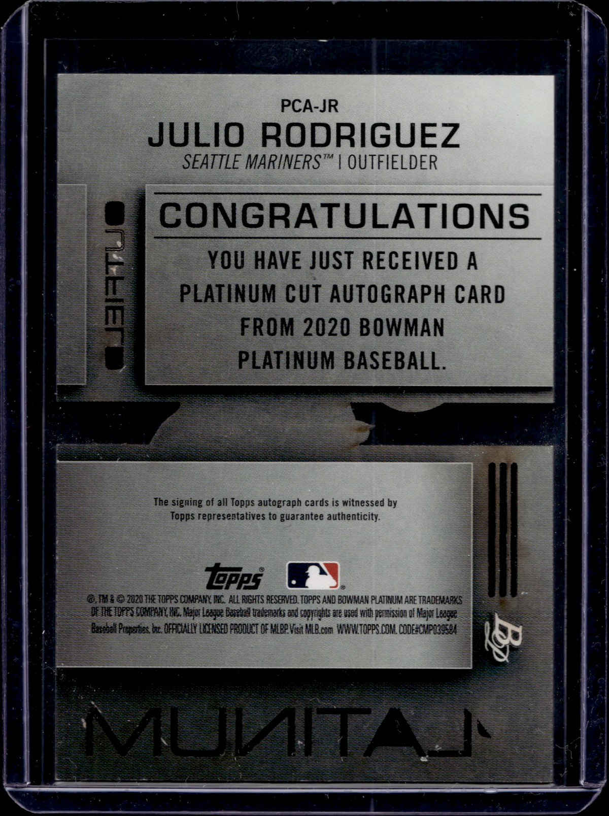 2020 Bowman Platinum Julio Rodriguez #PCA-JR Autograph /50