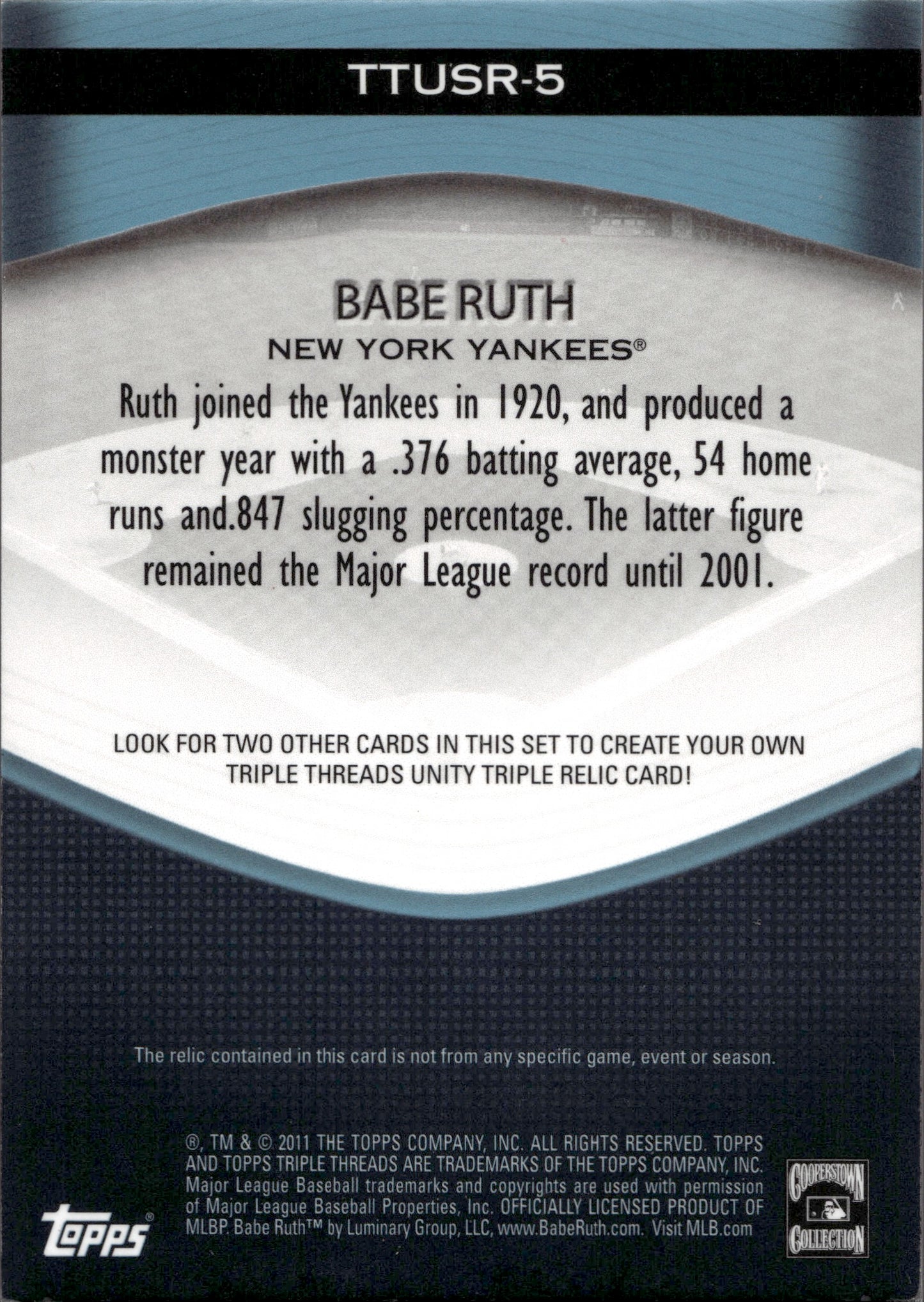 2011 Topps Triple Threads Babe Ruth /3 #TTUSR-5 Game Used Memorabilia SSP