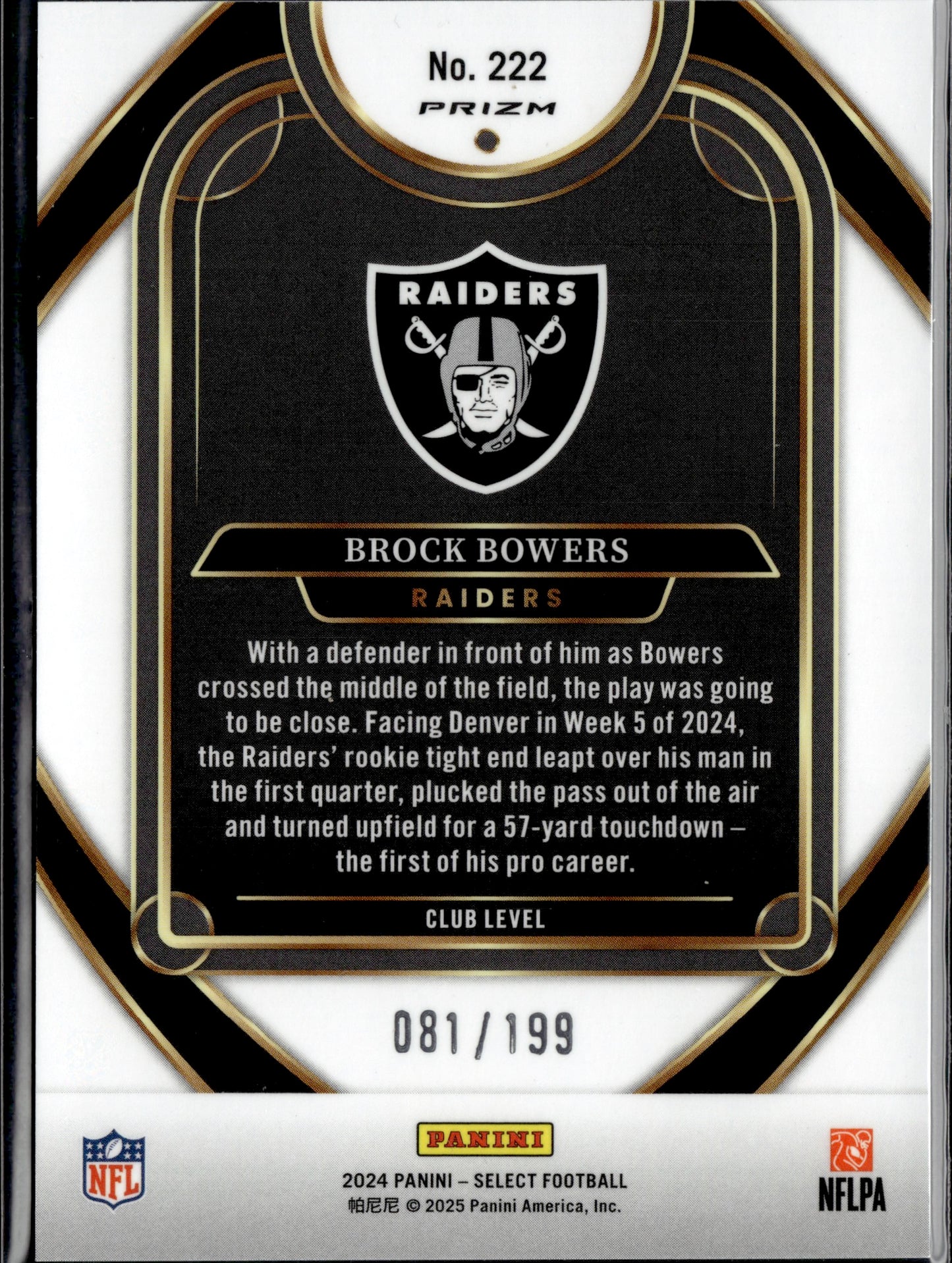2025 Panini Select Prizm Brock Bowers #222 /199 RC