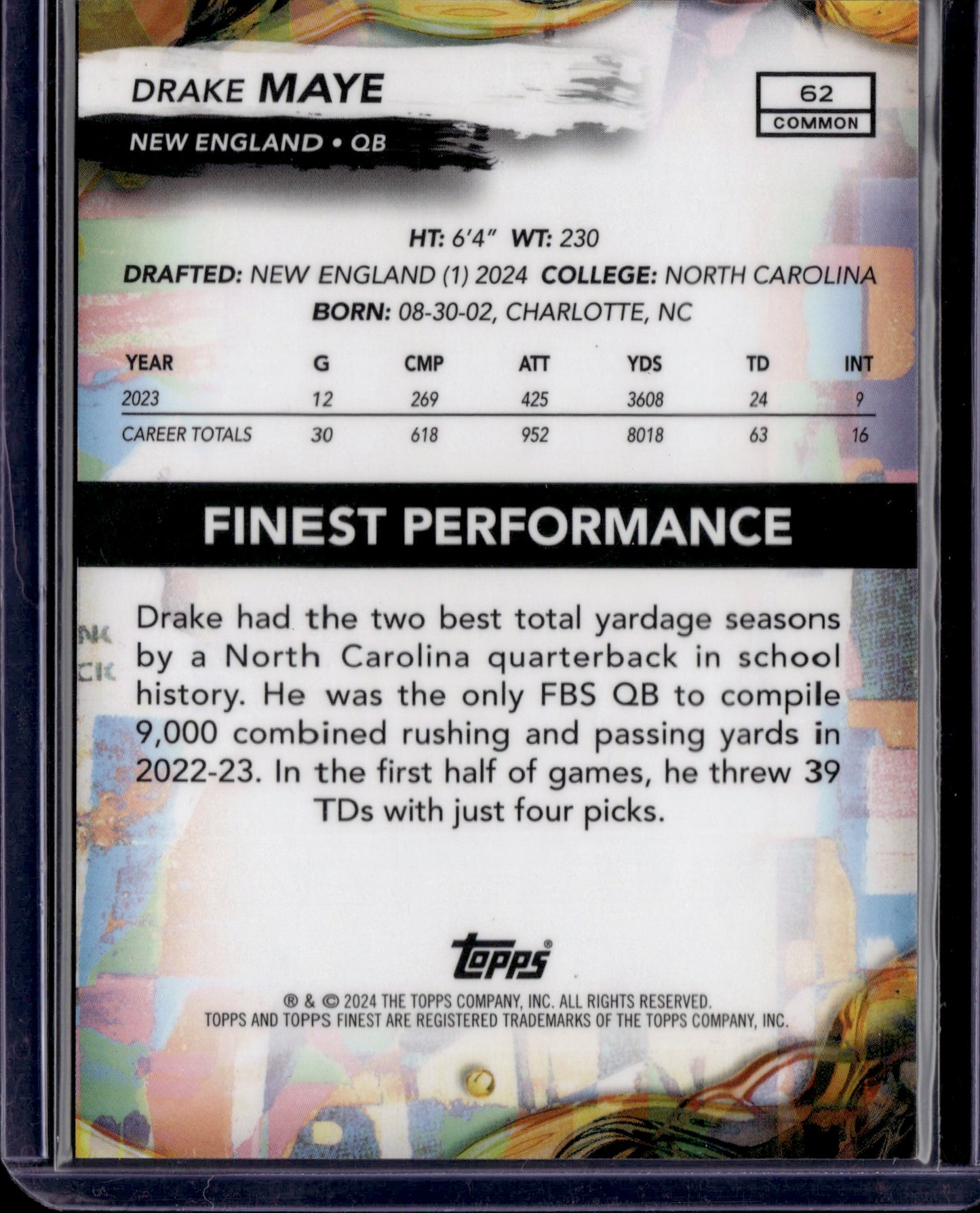 2023 Topps Finest Drake Maye #62 RC Gold /20