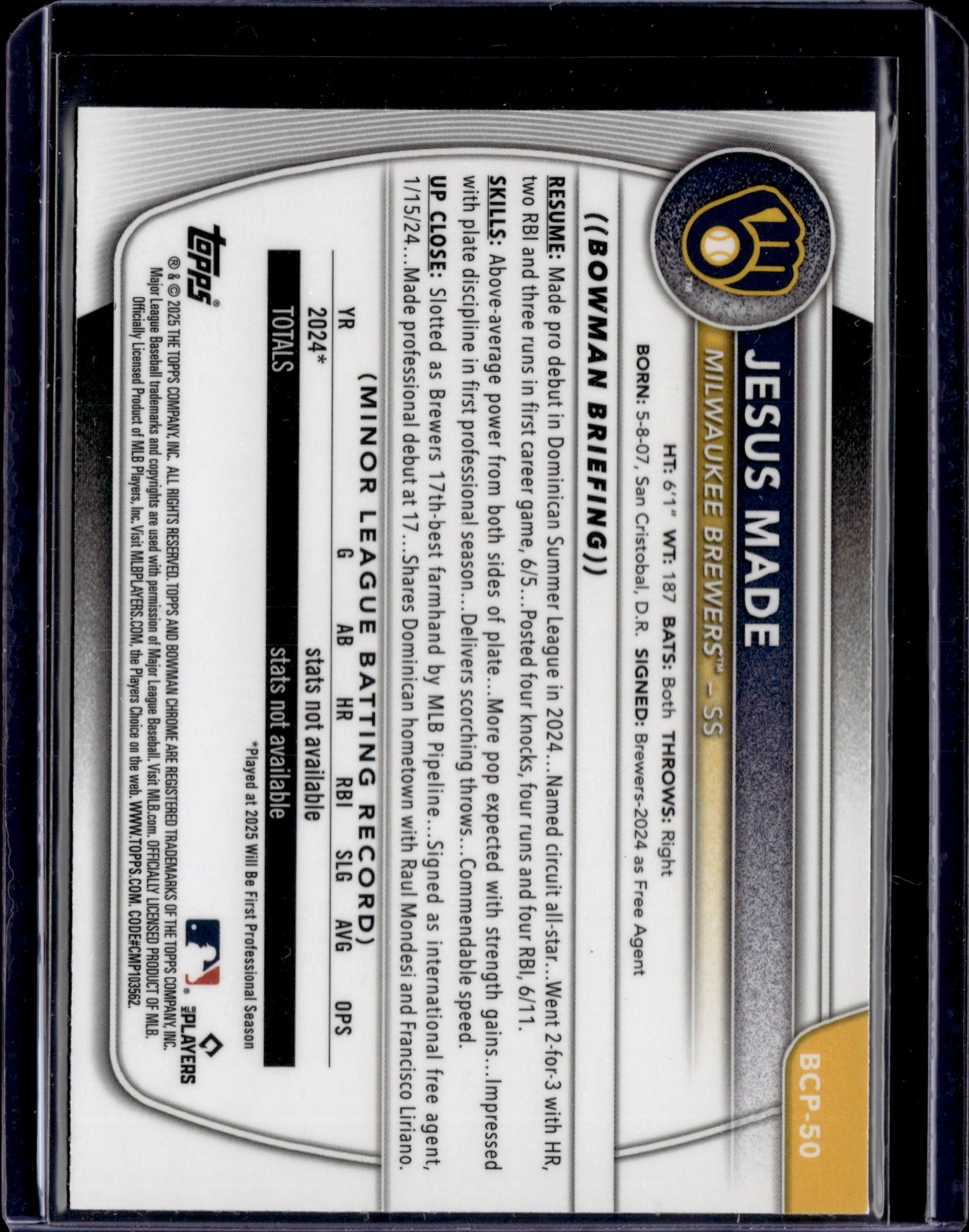 2025 Bowman Chrome 1st Jesus Made #BCP-50 Refractor 238/250