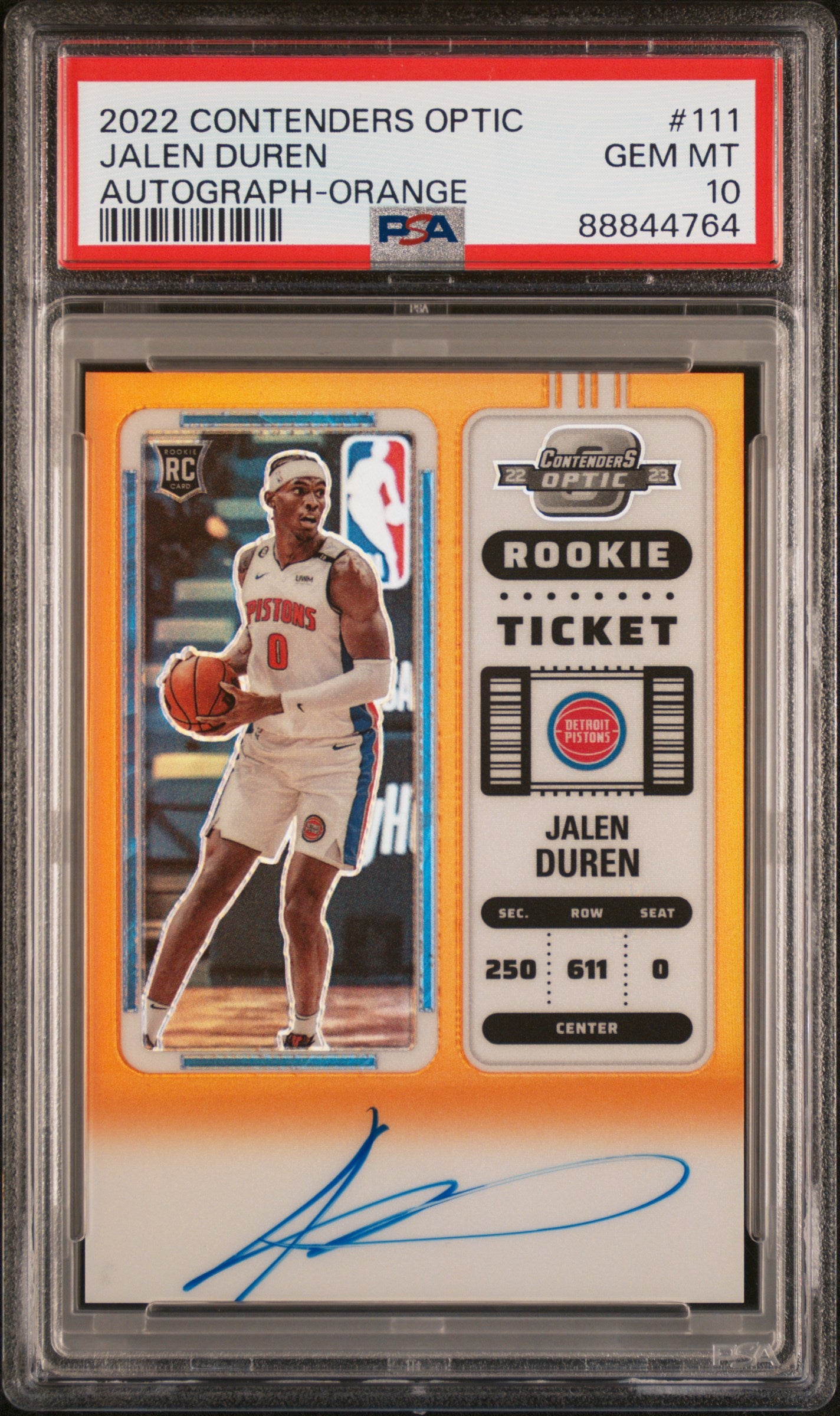 2022 Panini Contenders Optic Jalen Duren #111 Autograph Orange PSA 10