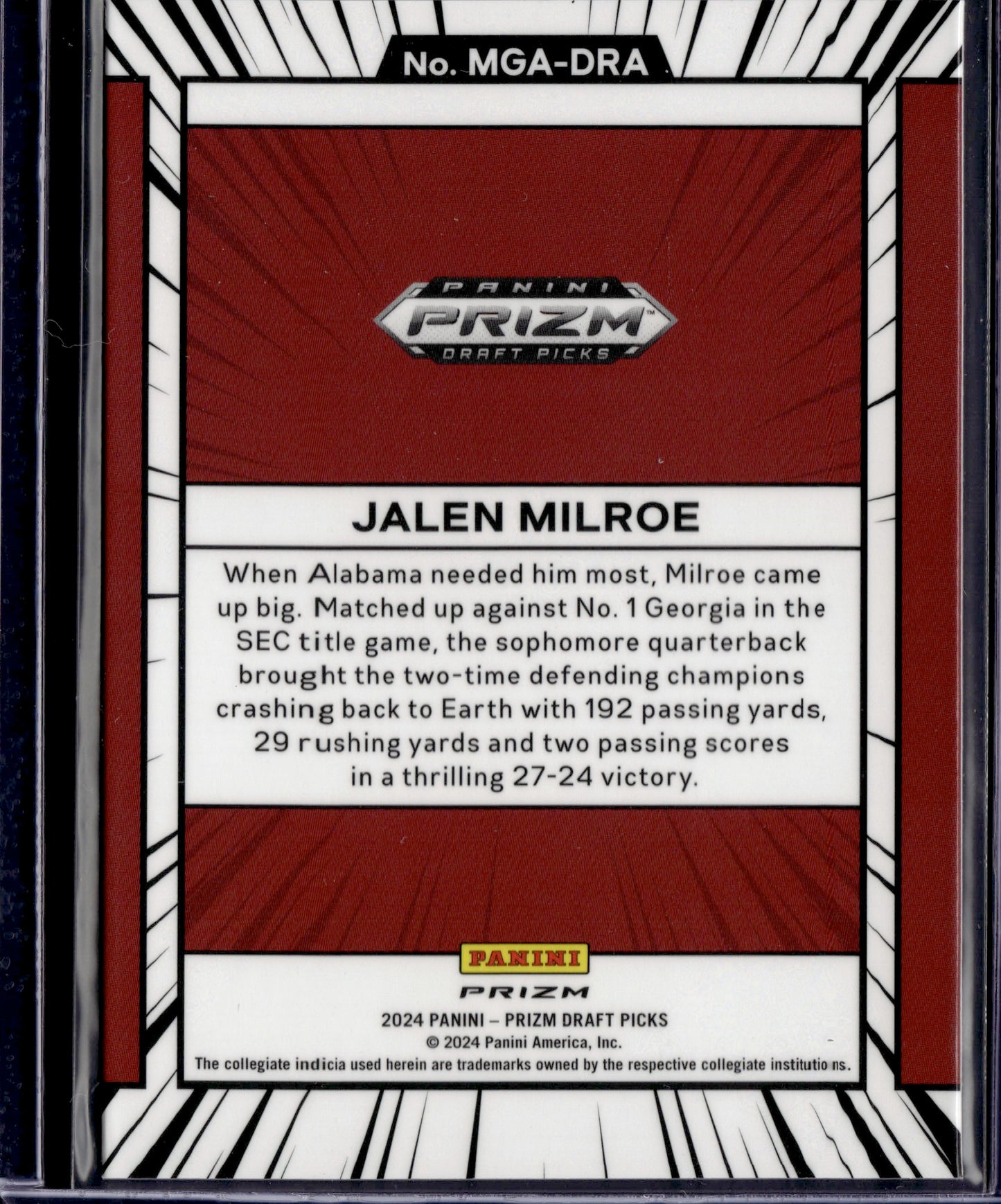 2024 Panini Prizm Draft Picks Jalen Milroe Manga SSP #MGA-DRA Rated Prospect