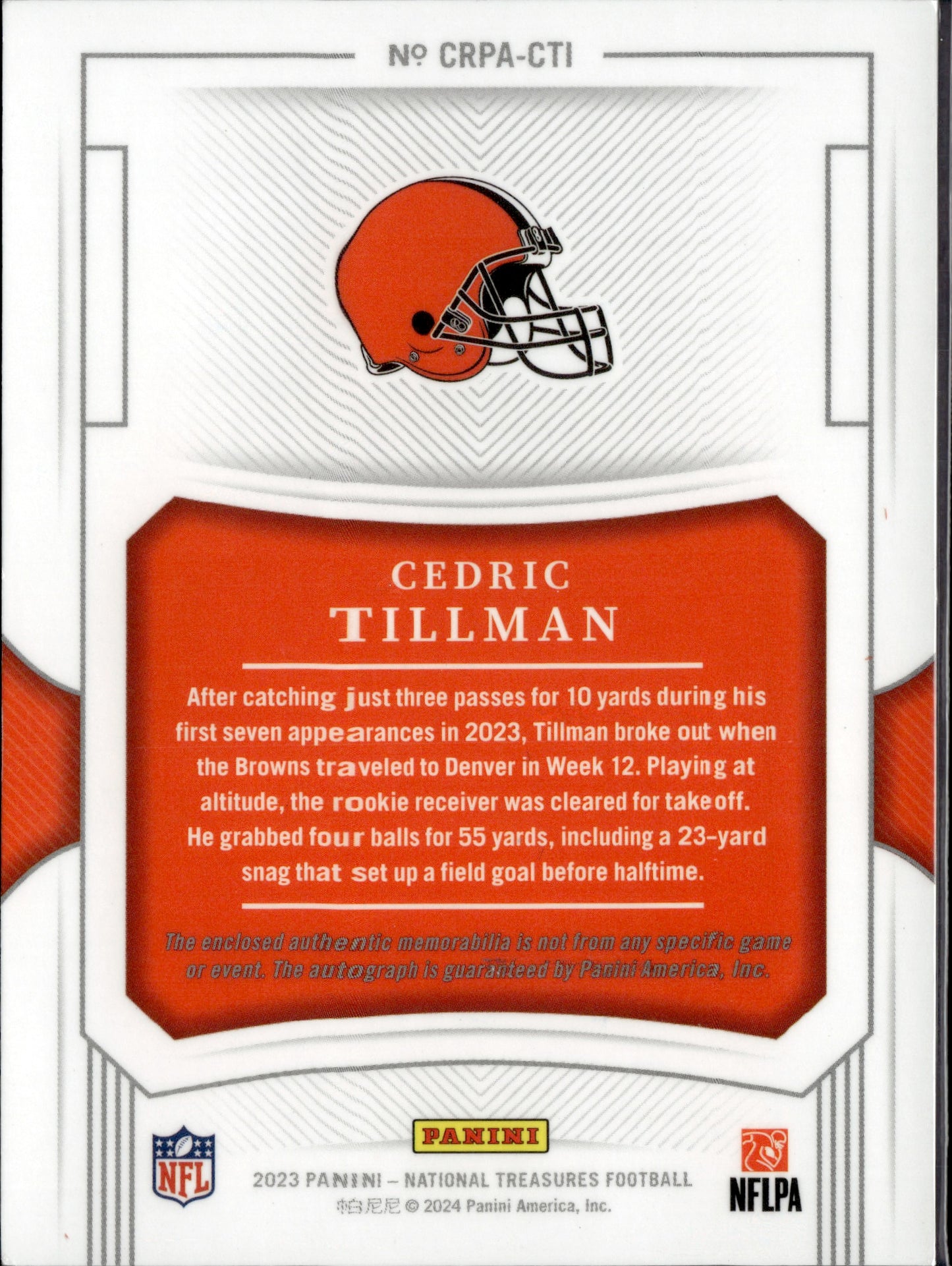 2023 Panini National Treasures Cedric Tillman #CRPA-CTI /99 Patch RC