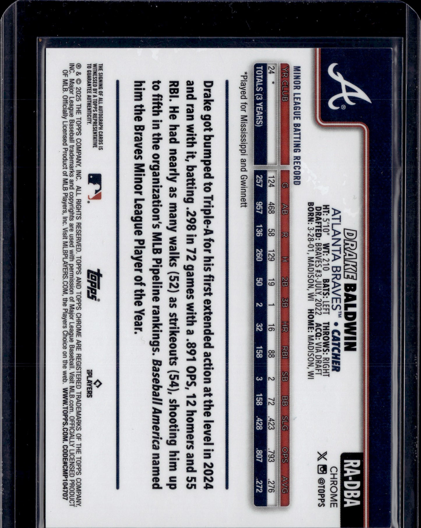 2025 Topps Chrome Drake Baldwin #RA-DBA Speckle Refractor Autograph RC