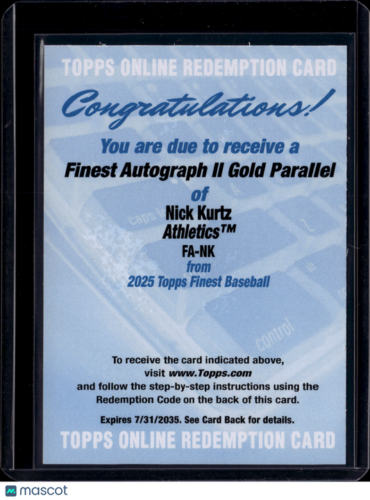 2025 Topps Finest Baseball Nick Kurtz Gold Finest Autograph II Gold Parallel /50