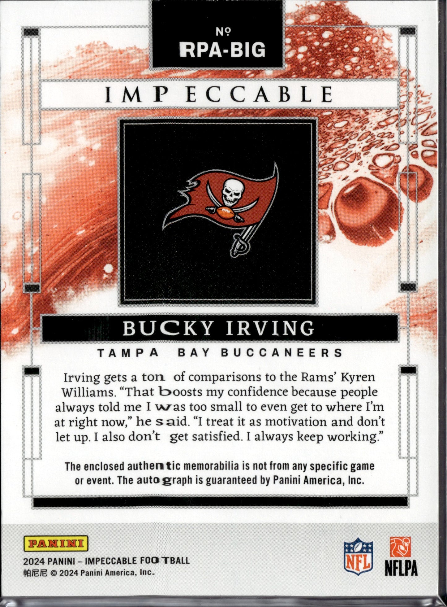 2024 Panini Impeccable Bucky Irving #RPA-BIG Autograph Patch RC 13/99