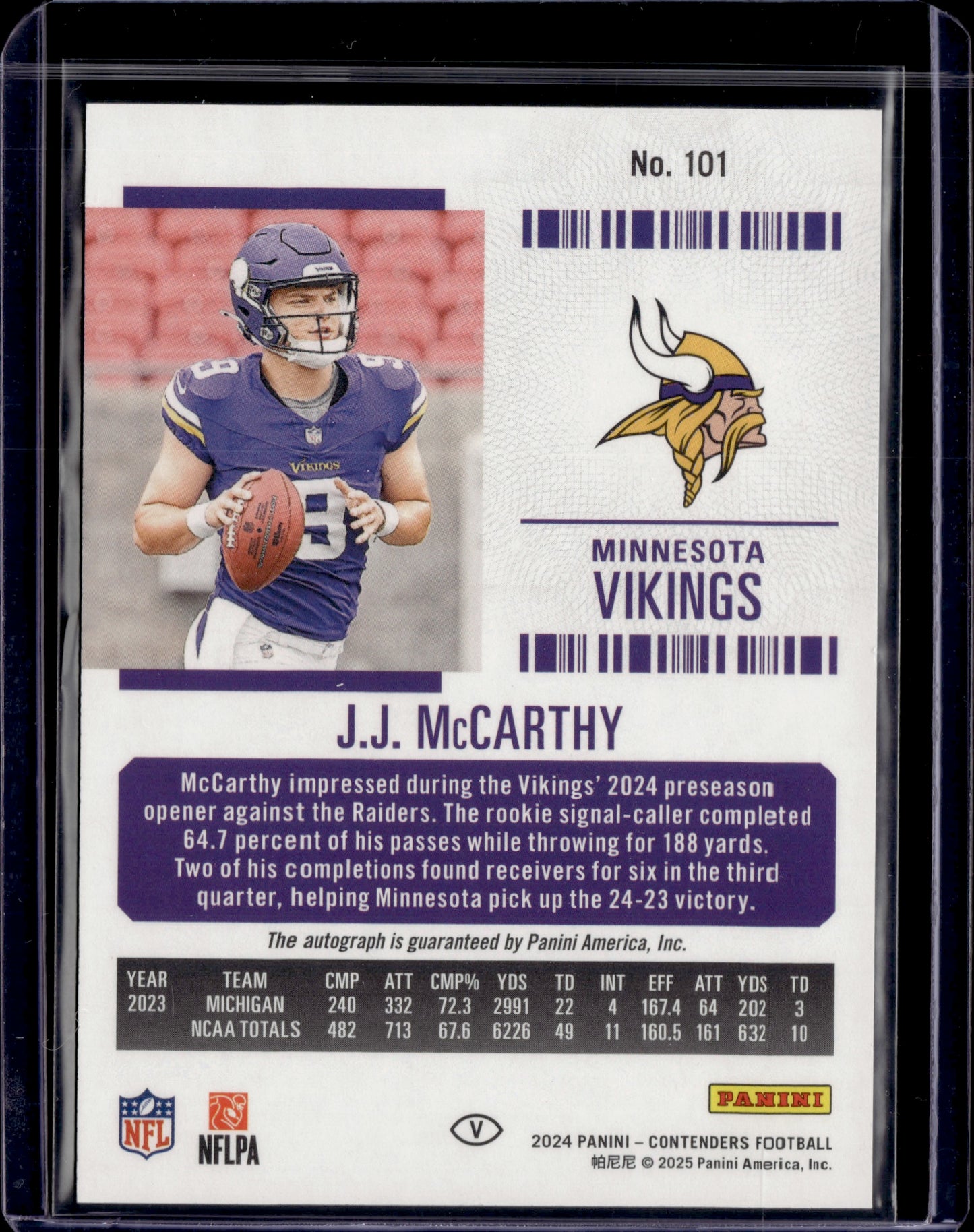 2025 Panini Contenders Football Rookie Ticket J.J. McCarthy #101 Autograph RC