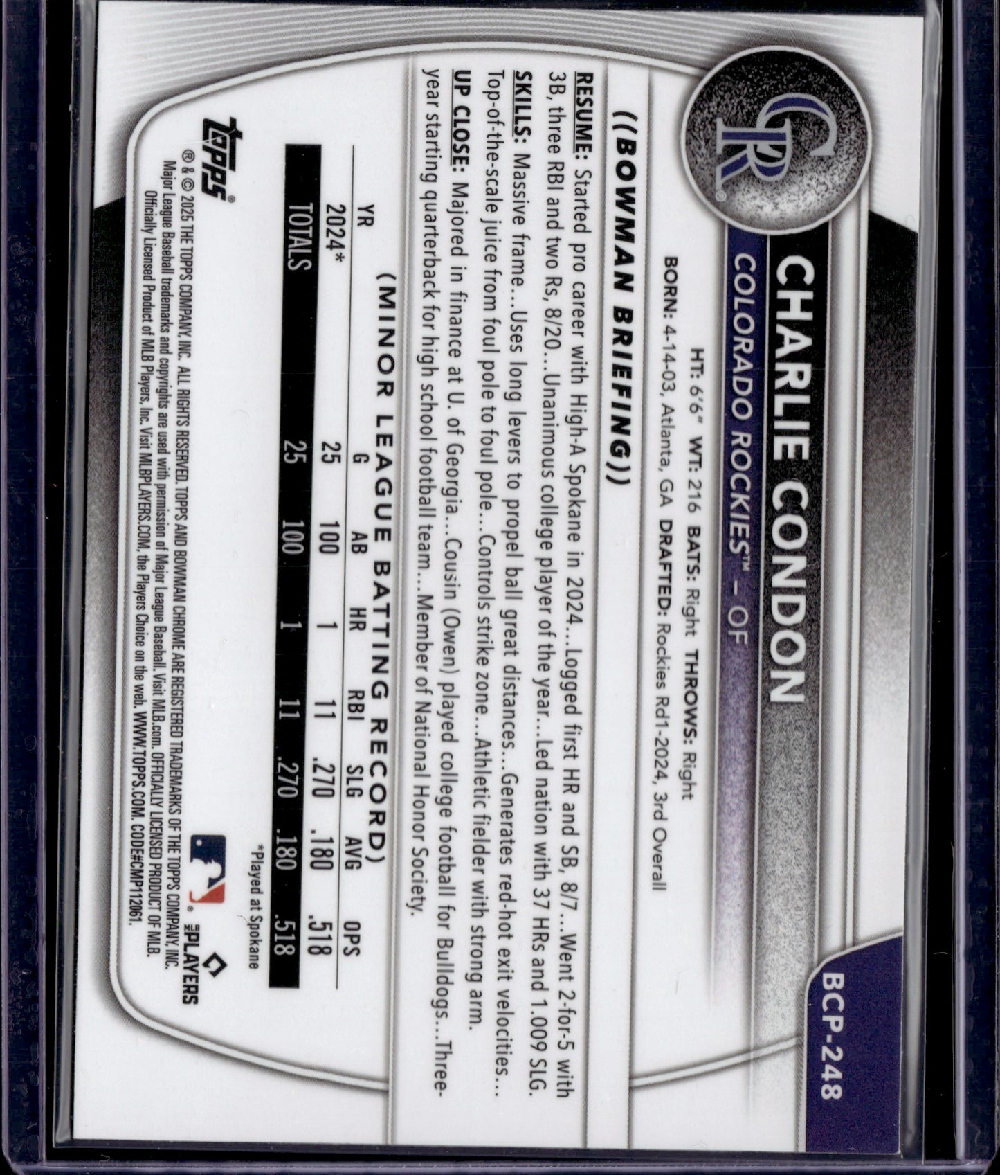 2025 Bowman Chrome Prospects Charlie Condon #BCP-248 Gold Geometric /50