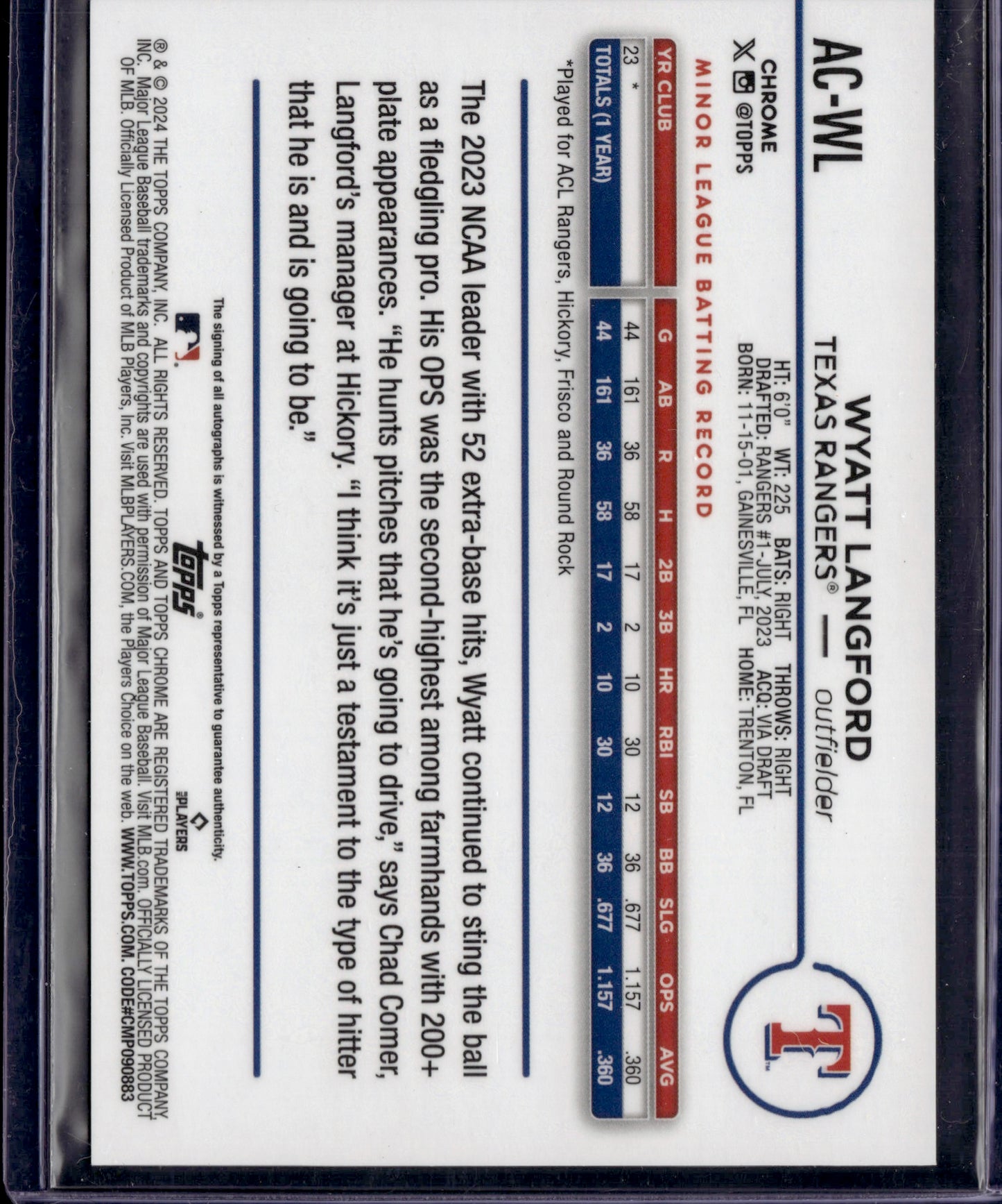 2024 Topps Chrome Wyatt Langford #AC-WL Gold Wave Auto SP /50 RC