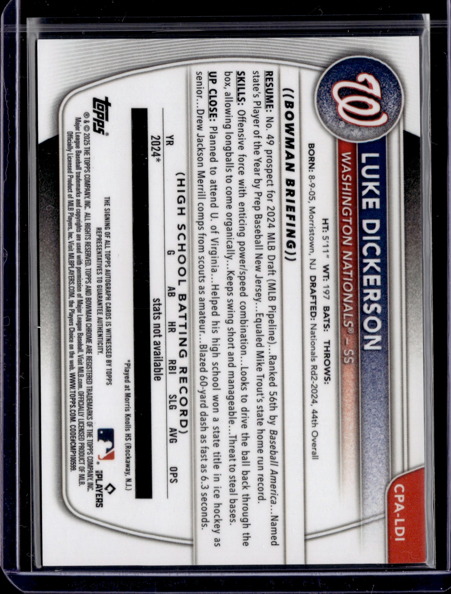 2025 Bowman Chrome Luke Dickerson #CPA-LDI Autograph 1st Bowman /10 SSP Black
