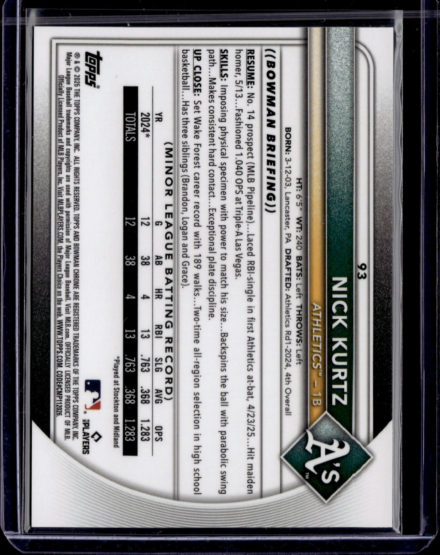 2025 Bowman Chrome Nick Kurtz #BCP-93 Gold RC SP /50