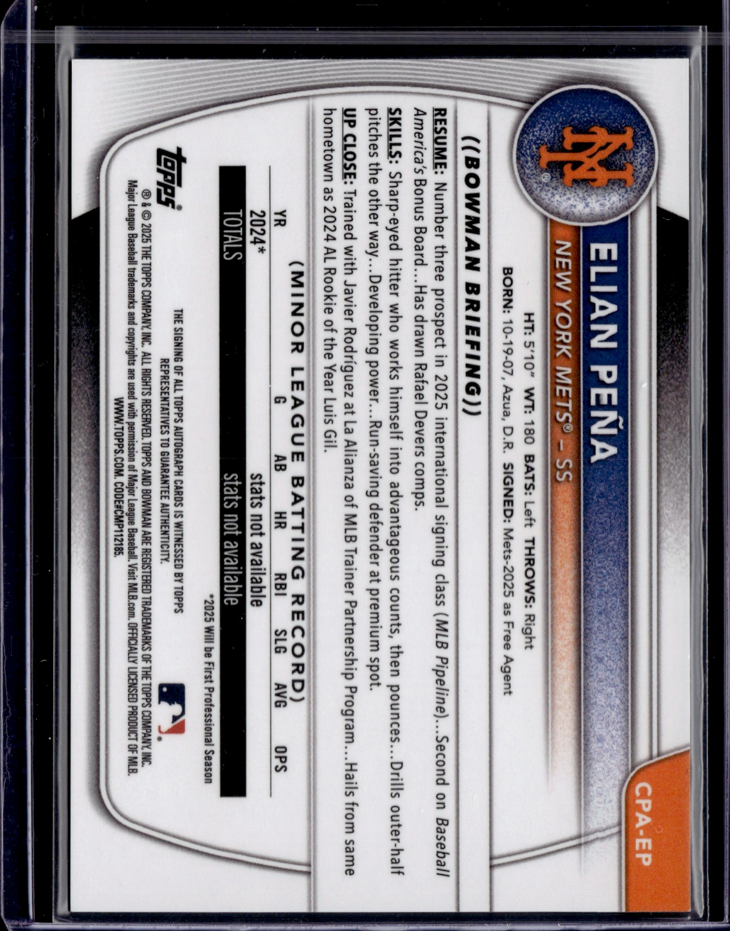 2025 Bowman Chrome Elian Peña #CPA-EP Autograph True Gold SP /50