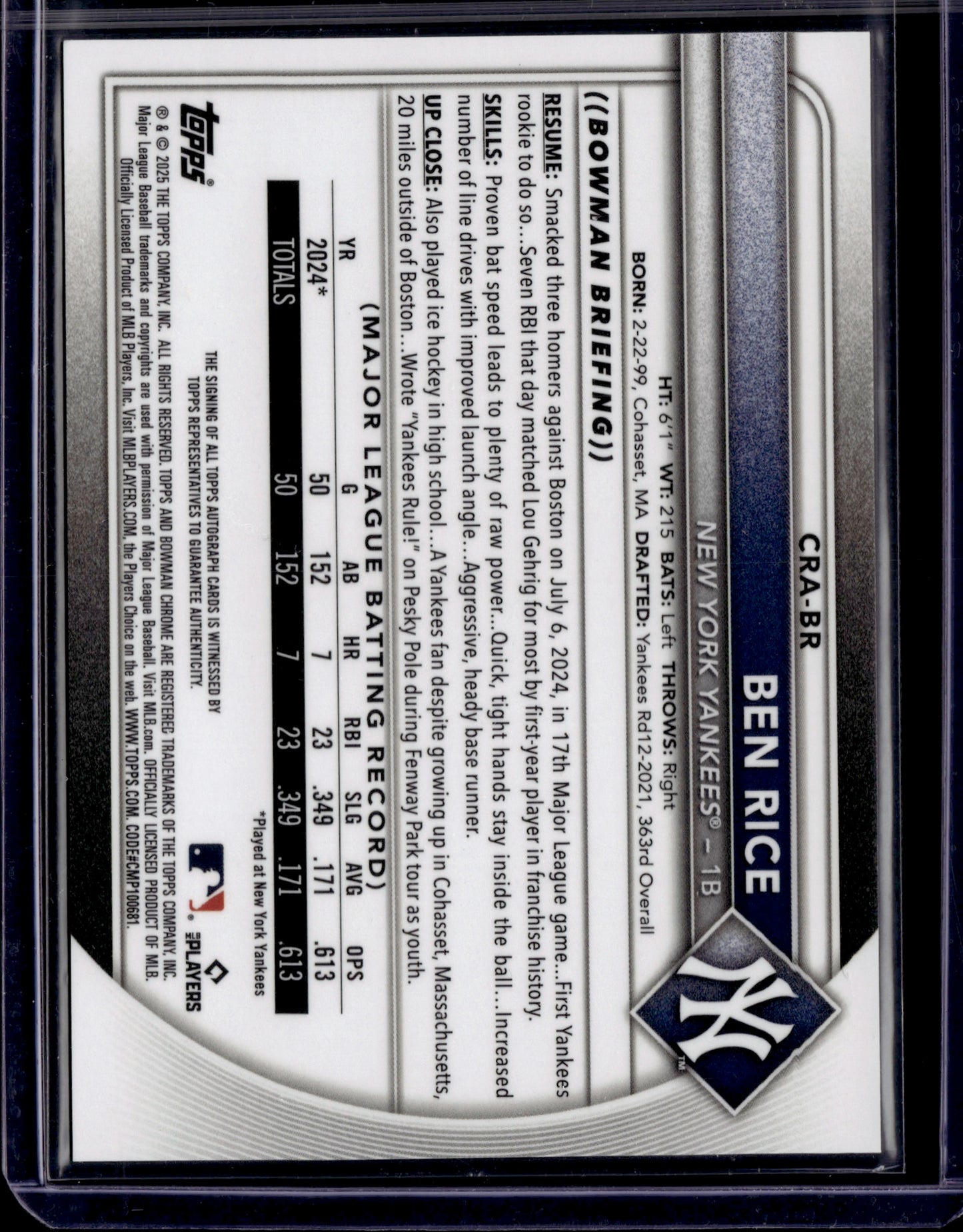 2025 Bowman Chrome Ben Rice #CRA-BR Autograph /25 RC