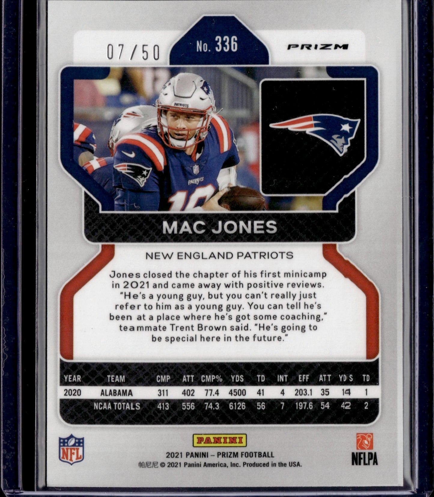 2021 Panini Prizm Football Mac Jones #336 No Huddle Red RC 07/50