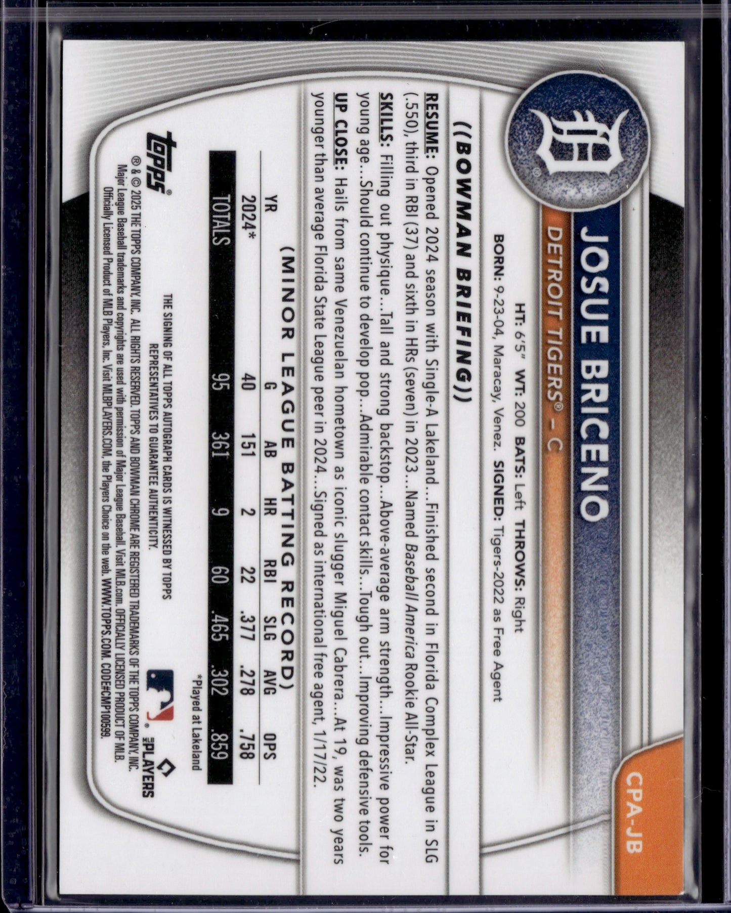 2025 Topps Bowman Chrome Josue Briceno #CPA-JB Blue Refractor Auto /150