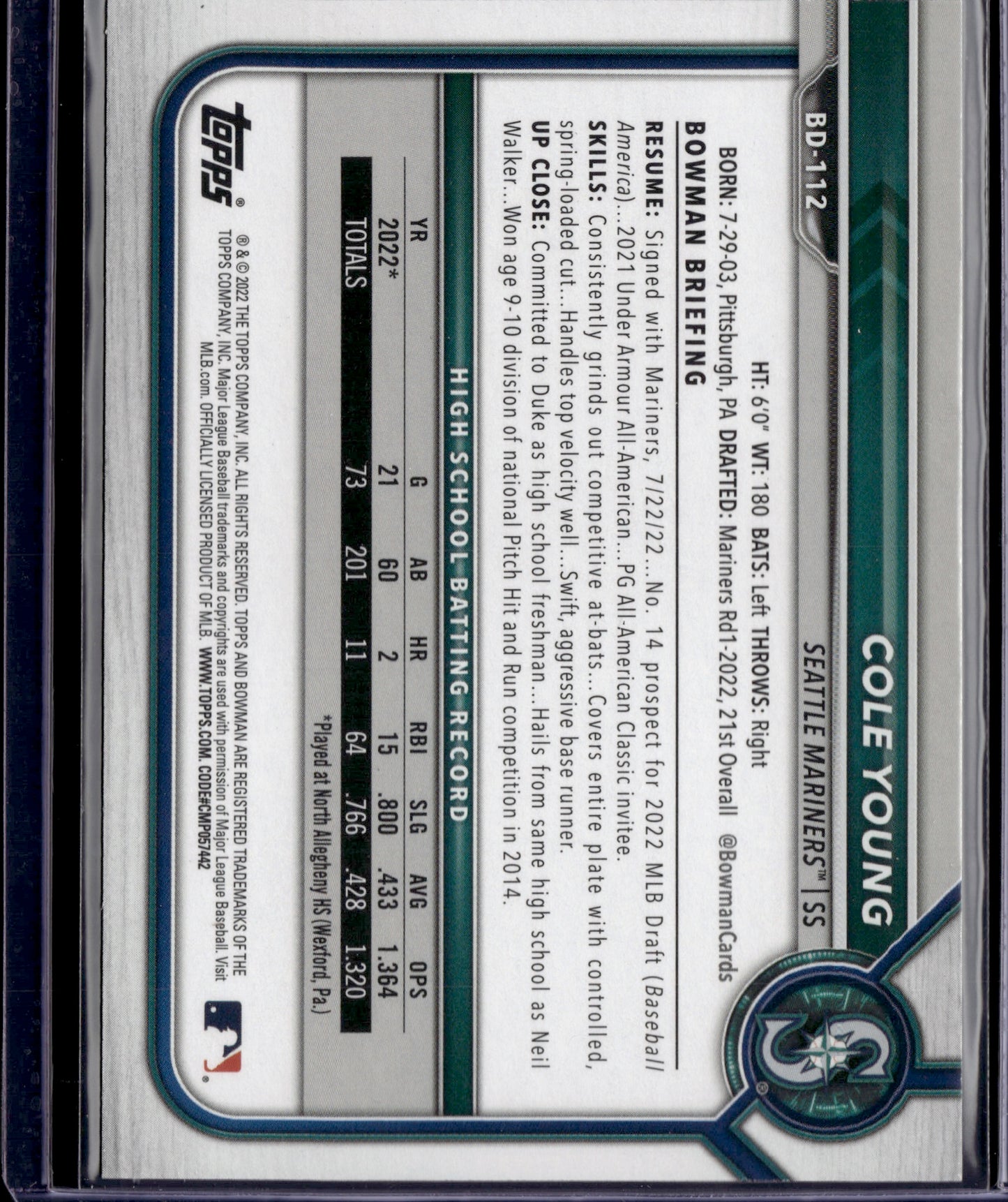 2022 Topps Bowman Draft 1st Edition Cole Young #BD-112 Gold Foil 14/50