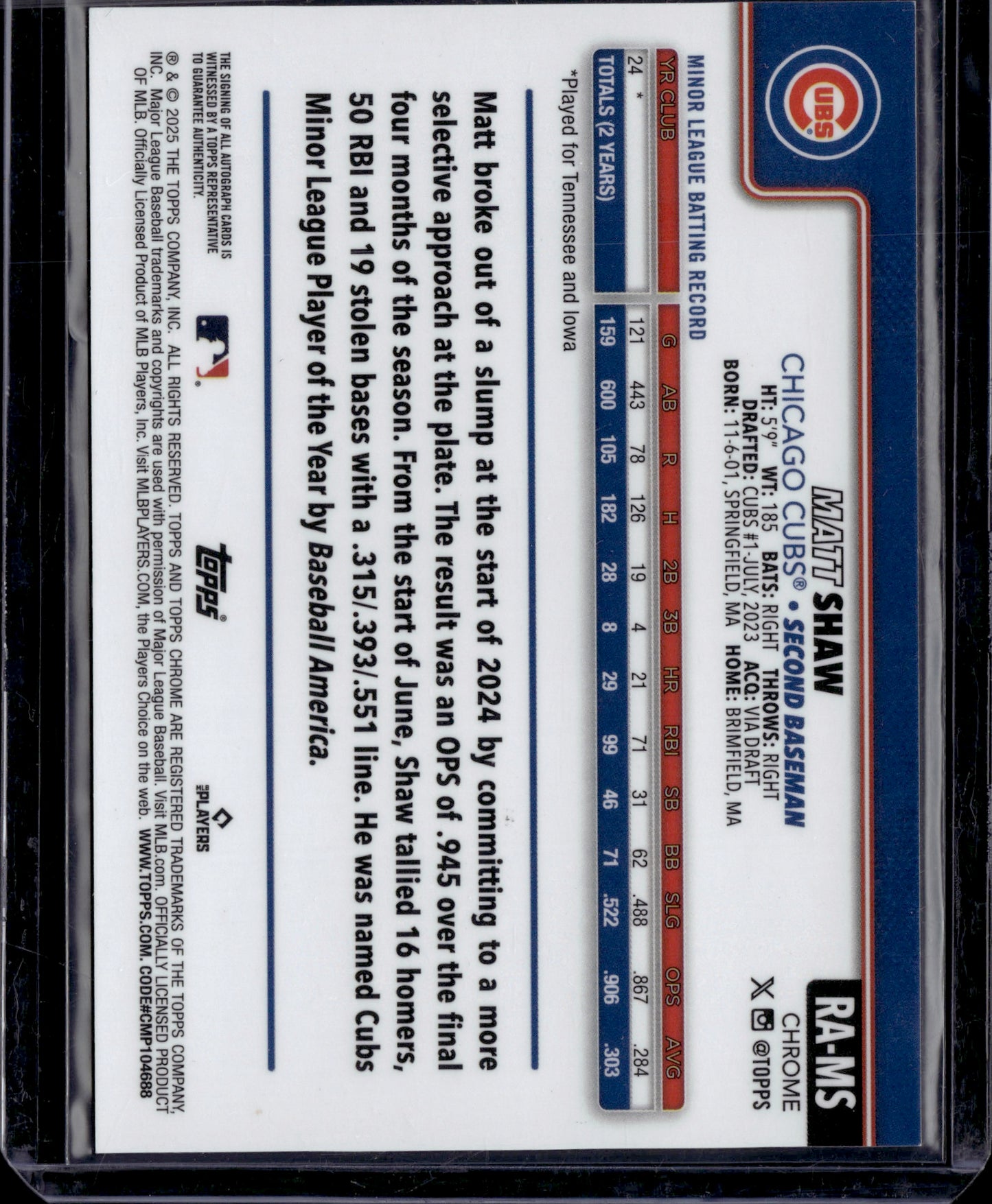 2025 Topps Chrome Matt Shaw #RA-MS Gold Refractor Auto RC 08/50