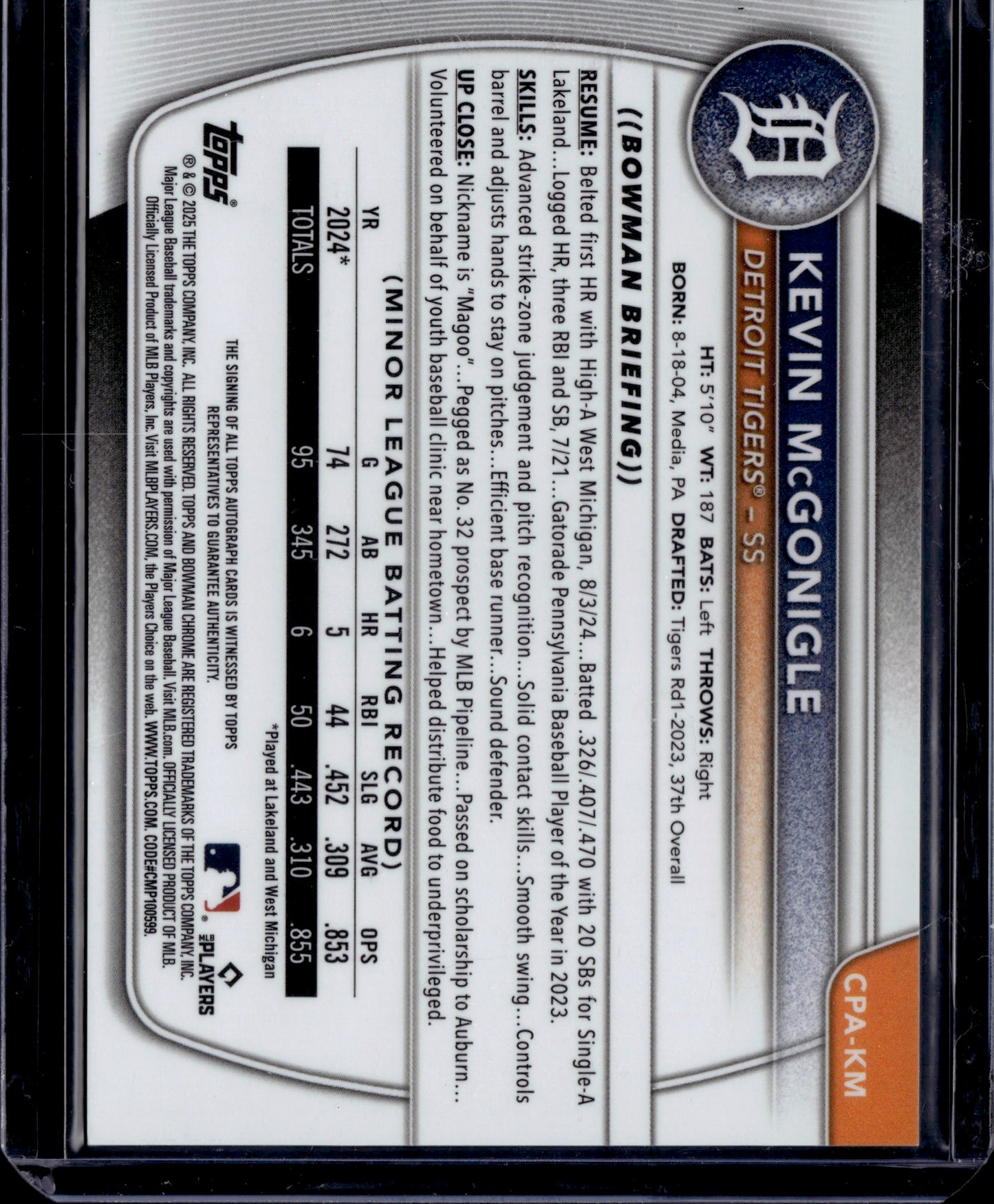 2023. Topps Bowman Chrome Kevin McGonigle Auto #CPA-KM