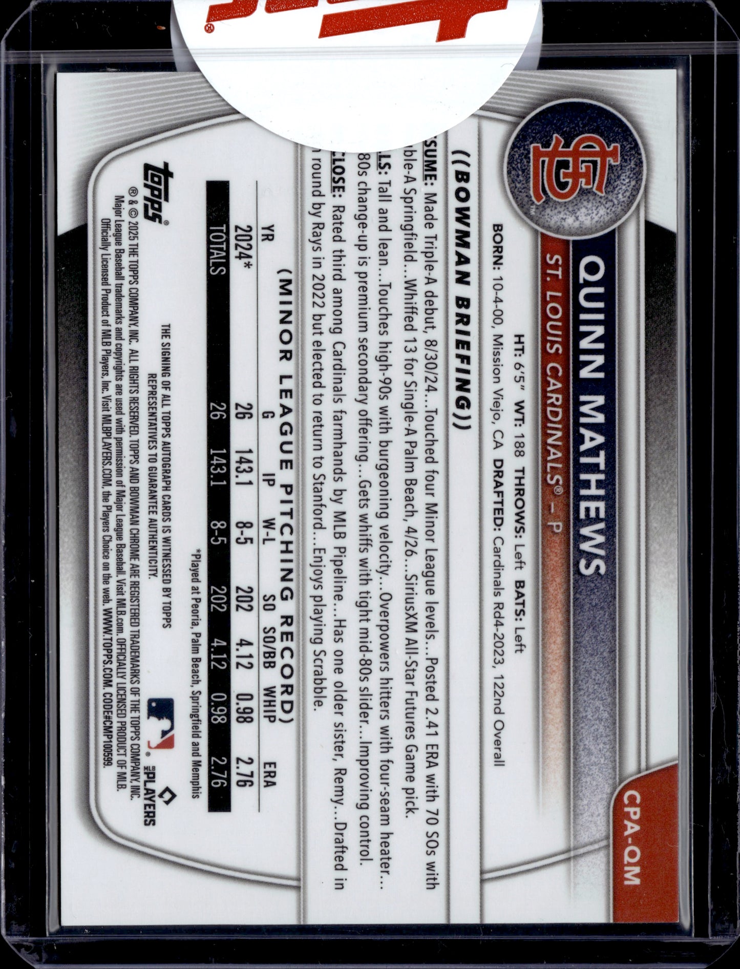 2025 Topps Bowman Chrome Quinn Mathews Snack Pack Peanut Auto /5 SSP #CPA-QM