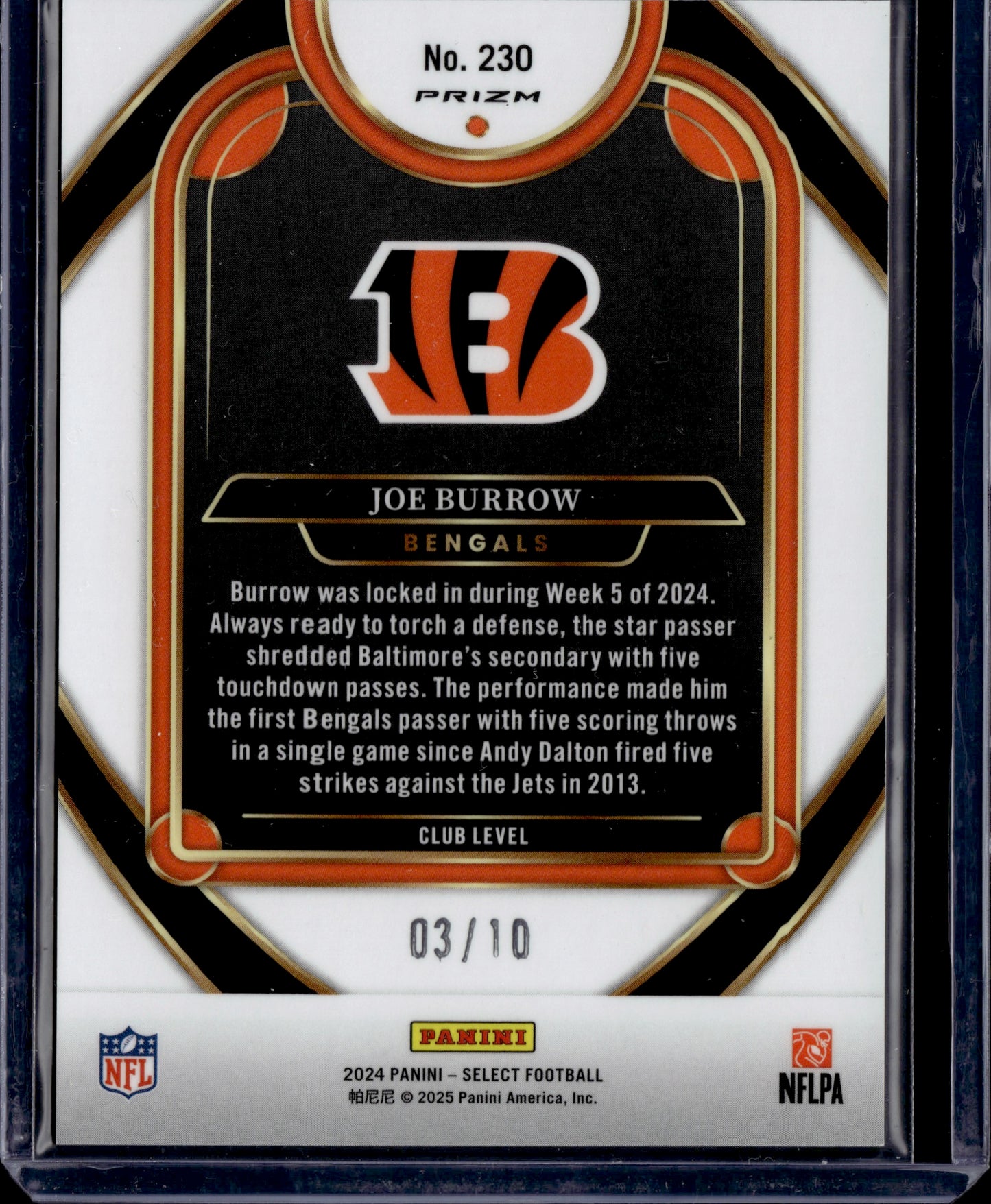 2025 Panini Select Joe Burrow #230 Gold Disco Prizm /10