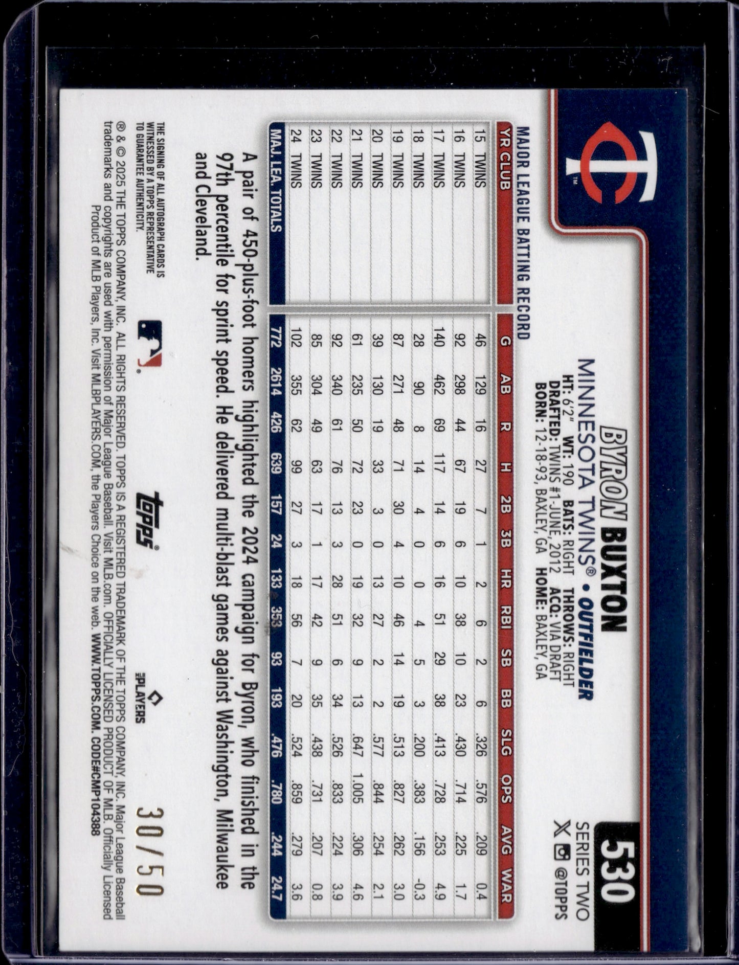 2025 Topps Series 2 Byron Buxton #530 Gold Auto /50