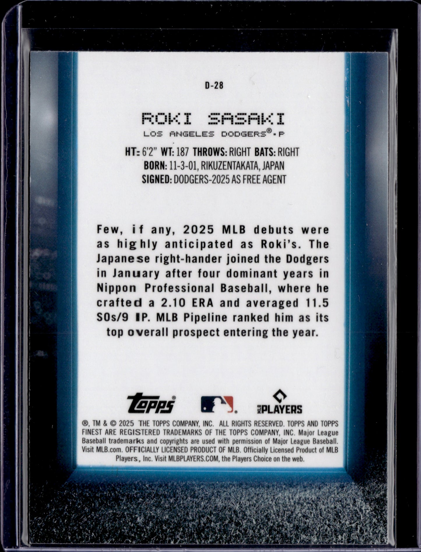 2025 Topps Finest Roki Sasaki #D-28 RC /150