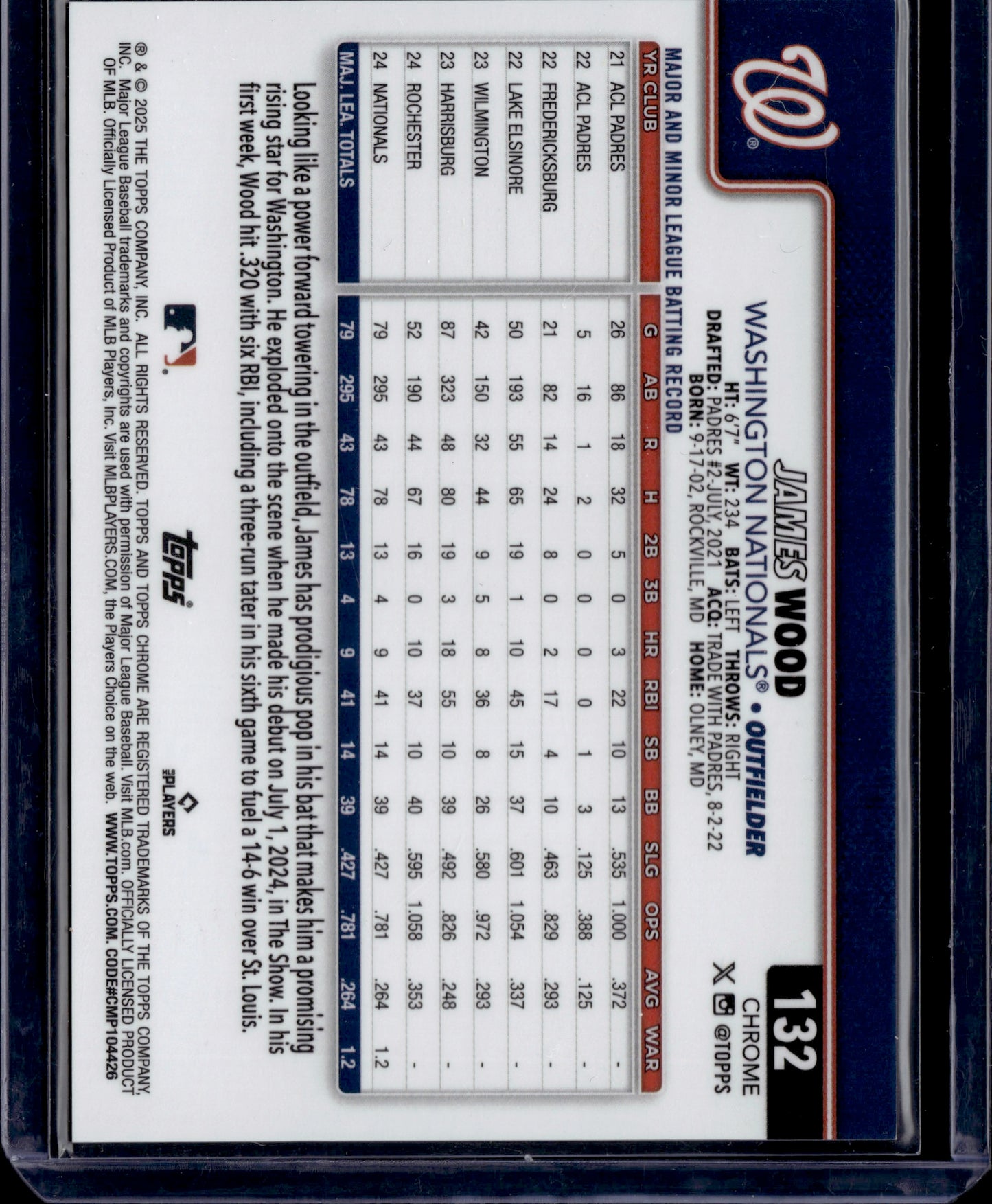 2025 Topps Chrome Sapphire James Wood #132 RC /50