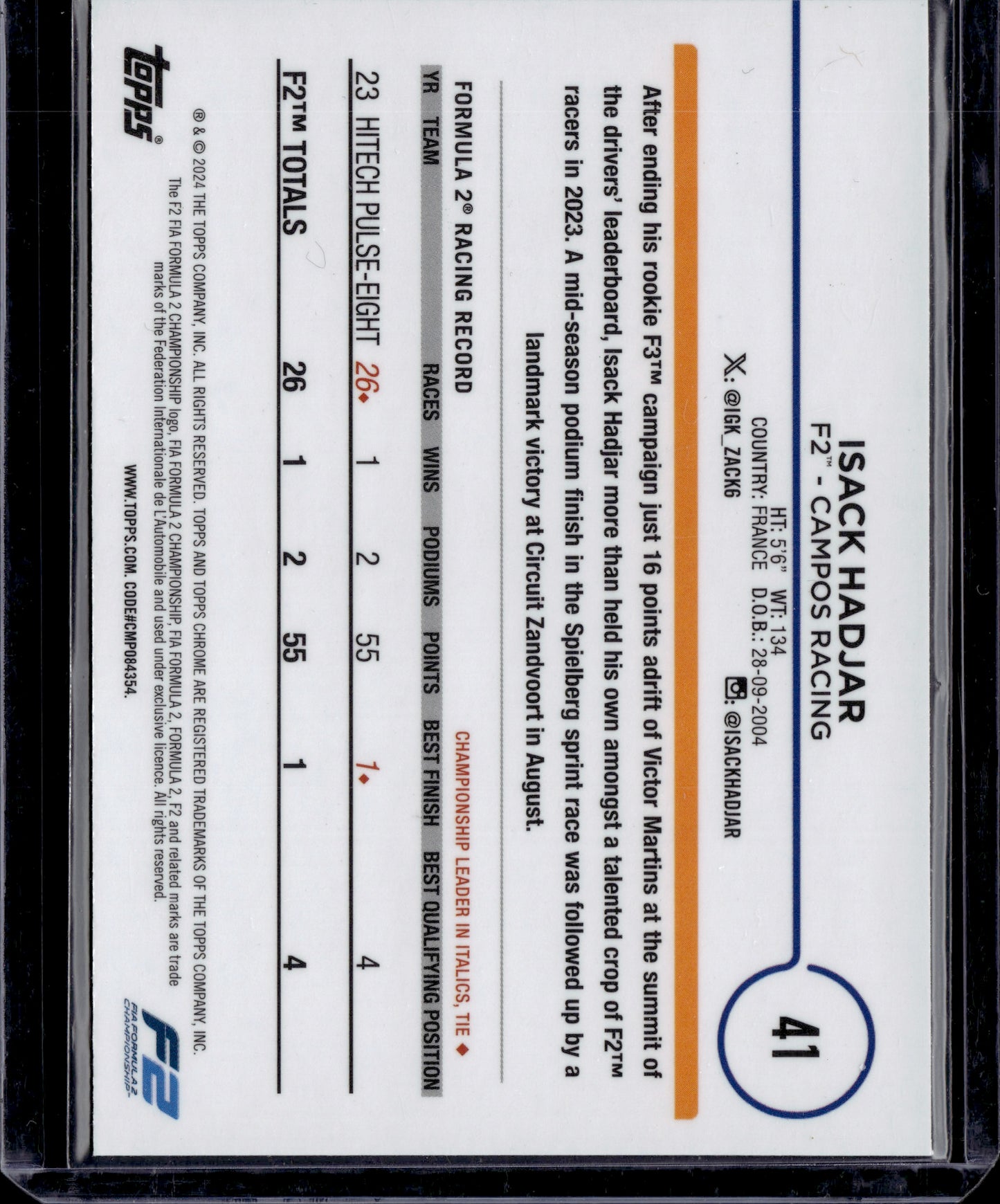 2024 Topps Chrome Formula 1 Isack Hadjar #41 Gold Refractor 41/50