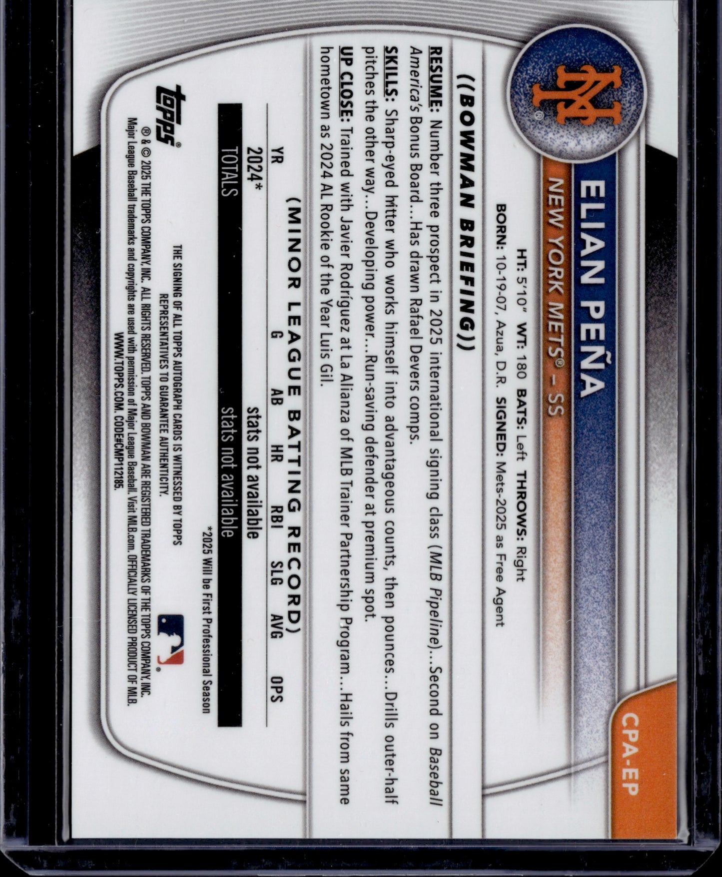 2025 Bowman Chrome Elian Peña #CPA-EP Blue Auto /150