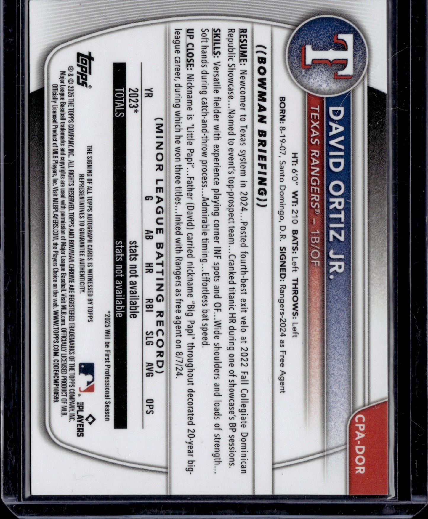 2025 Topps Bowman Chrome David Ortiz Jr. #CPA-DOR Orange Auto /25