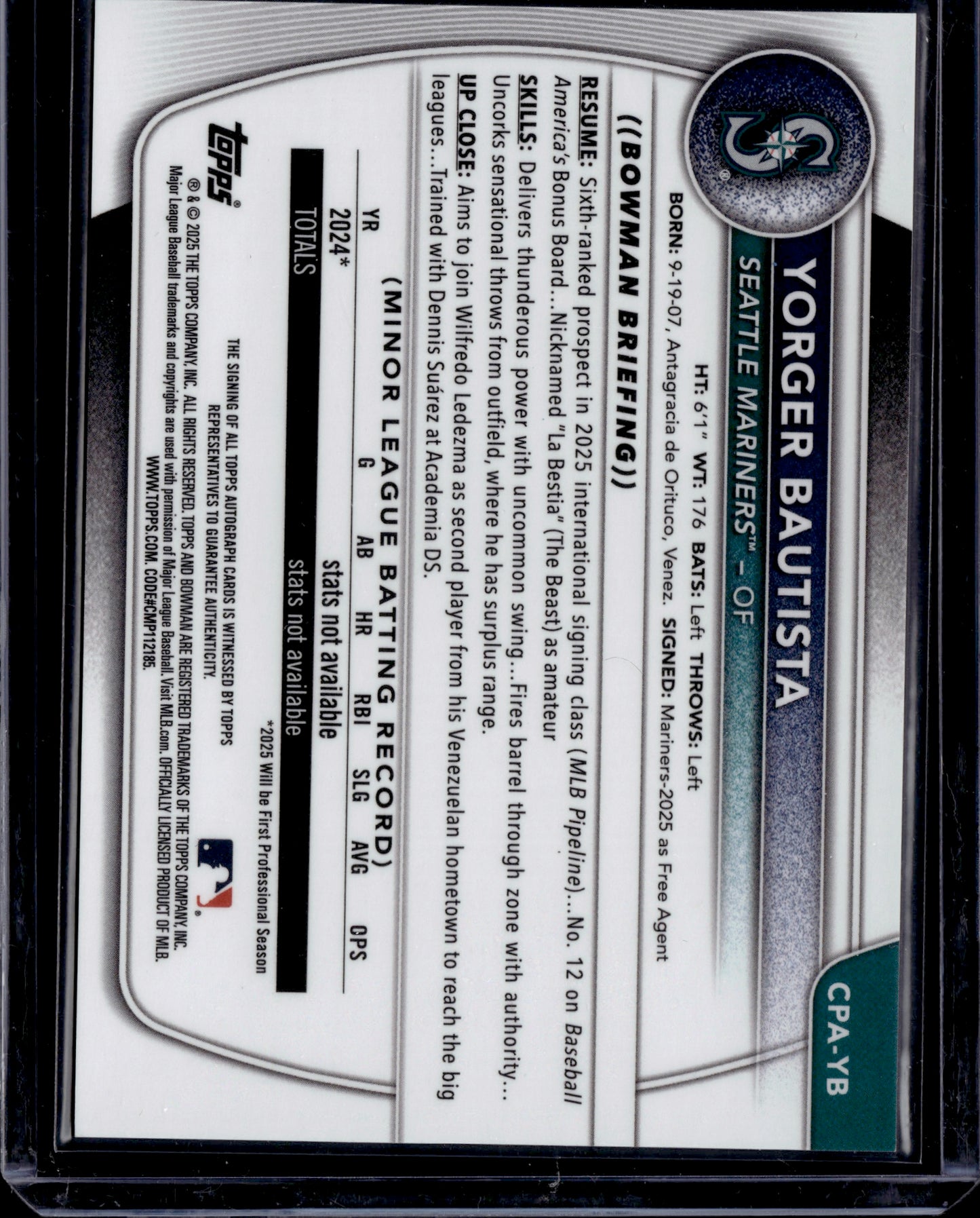 2025 Bowman Chrome Yorger Bautista #CPA-YB Blue Refractor Auto /150