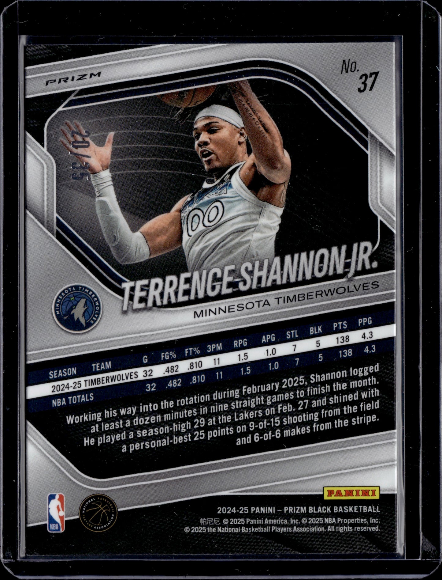 2025 Panini Prizm Black Terrence Shannon Jr. #37 RC /35
