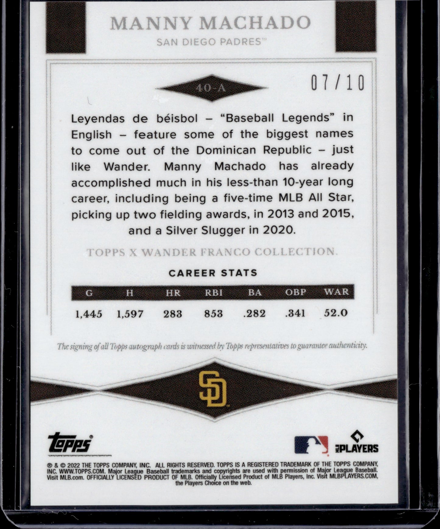 2022 Topps Leyendas de Béisbol Manny Machado Auto /10