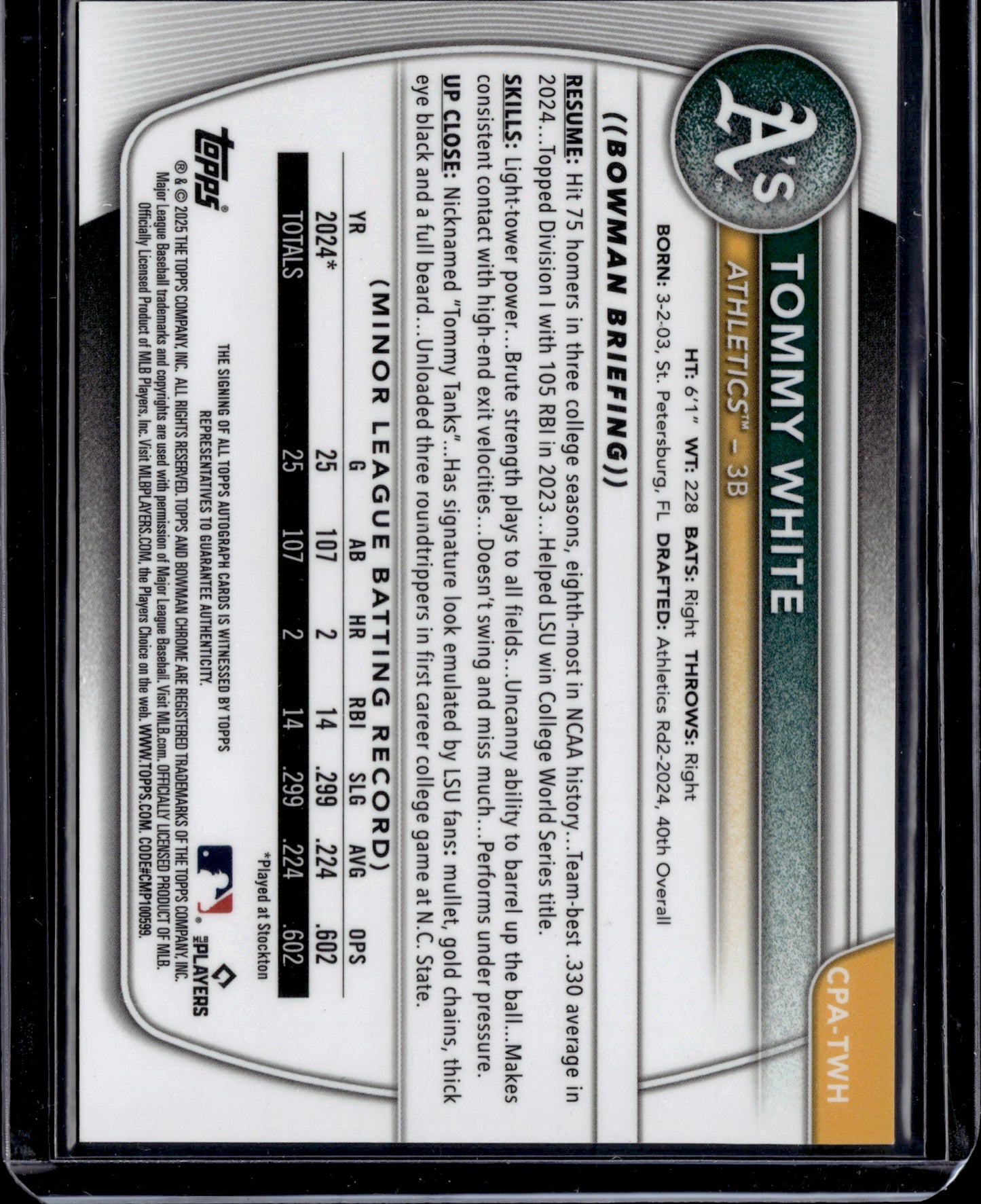 2025 Bowman Chrome Tommy White #CPA-TWH Gold Shimmer Auto /50