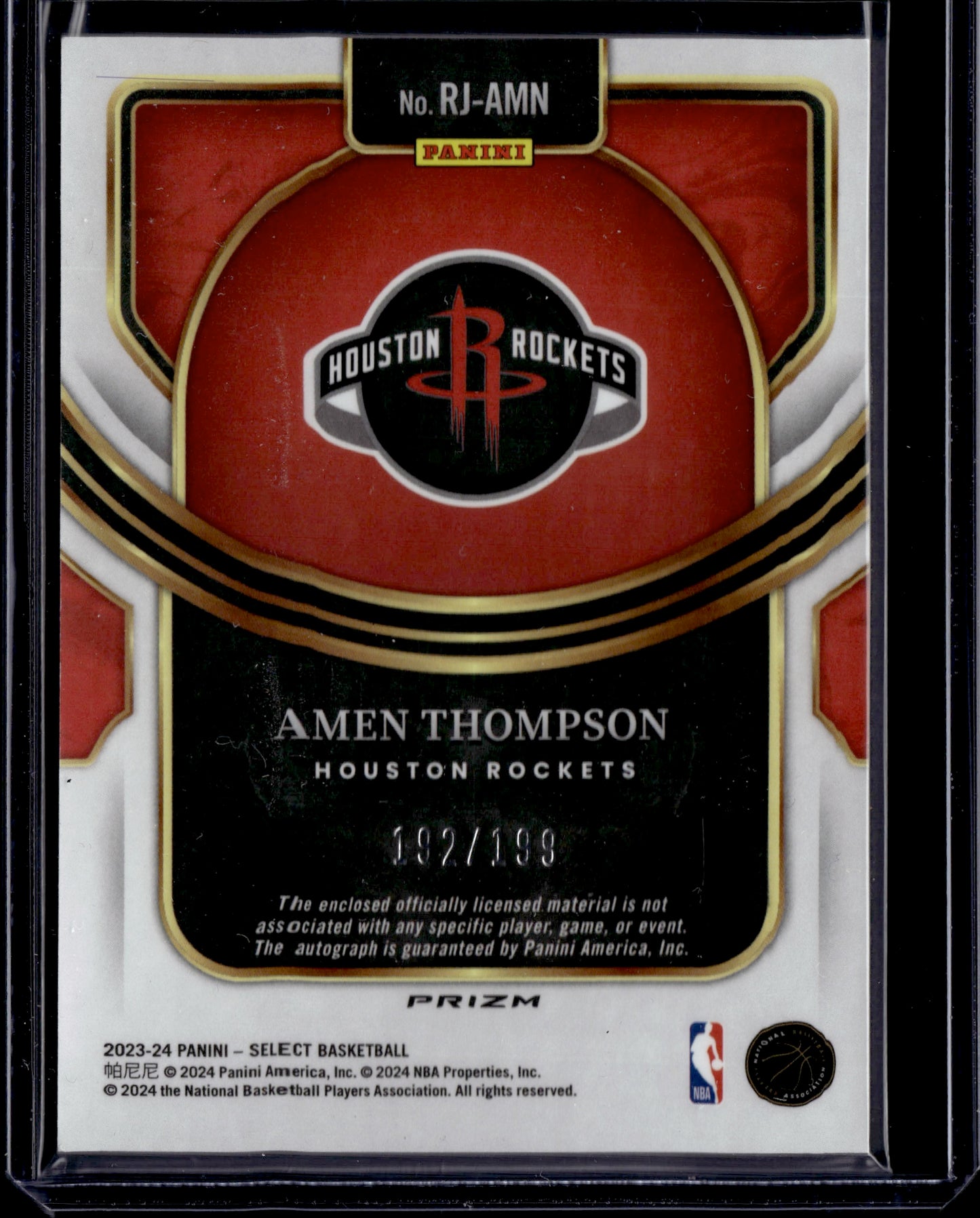 2024 Panini Select Amen Thompson #RJ-AMN Prizm Autograph Patch RC /199