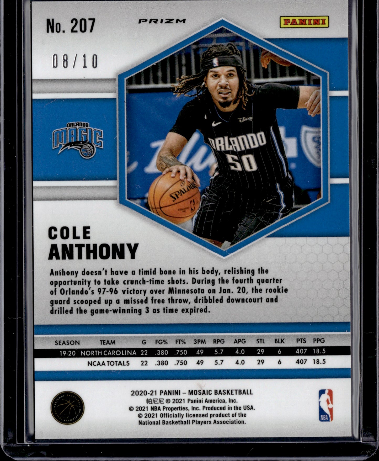 2020 Panini Mosaic Cole Anthony #207 Pink Fluorescent SP /10 RC